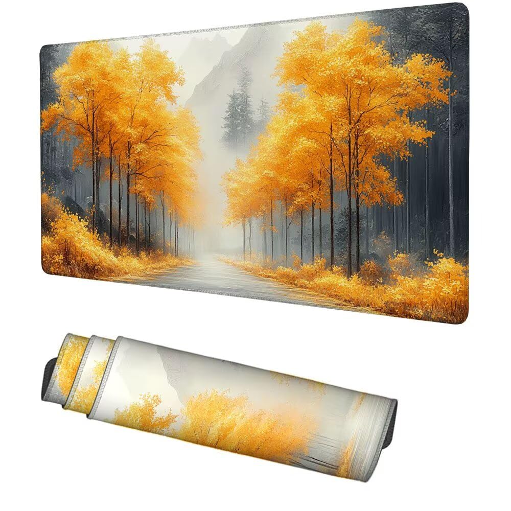 Baum Mauspad 1000x500x3mm, Mousepad Gaming Mauspad Orange Mousepad XXL, Mouse Pad mit Vernähten Kanten und rutschfeste Gummibasis, Schreibtisch Zubehör, Maus Pad für Gaming Tastatur und Maus, f-382