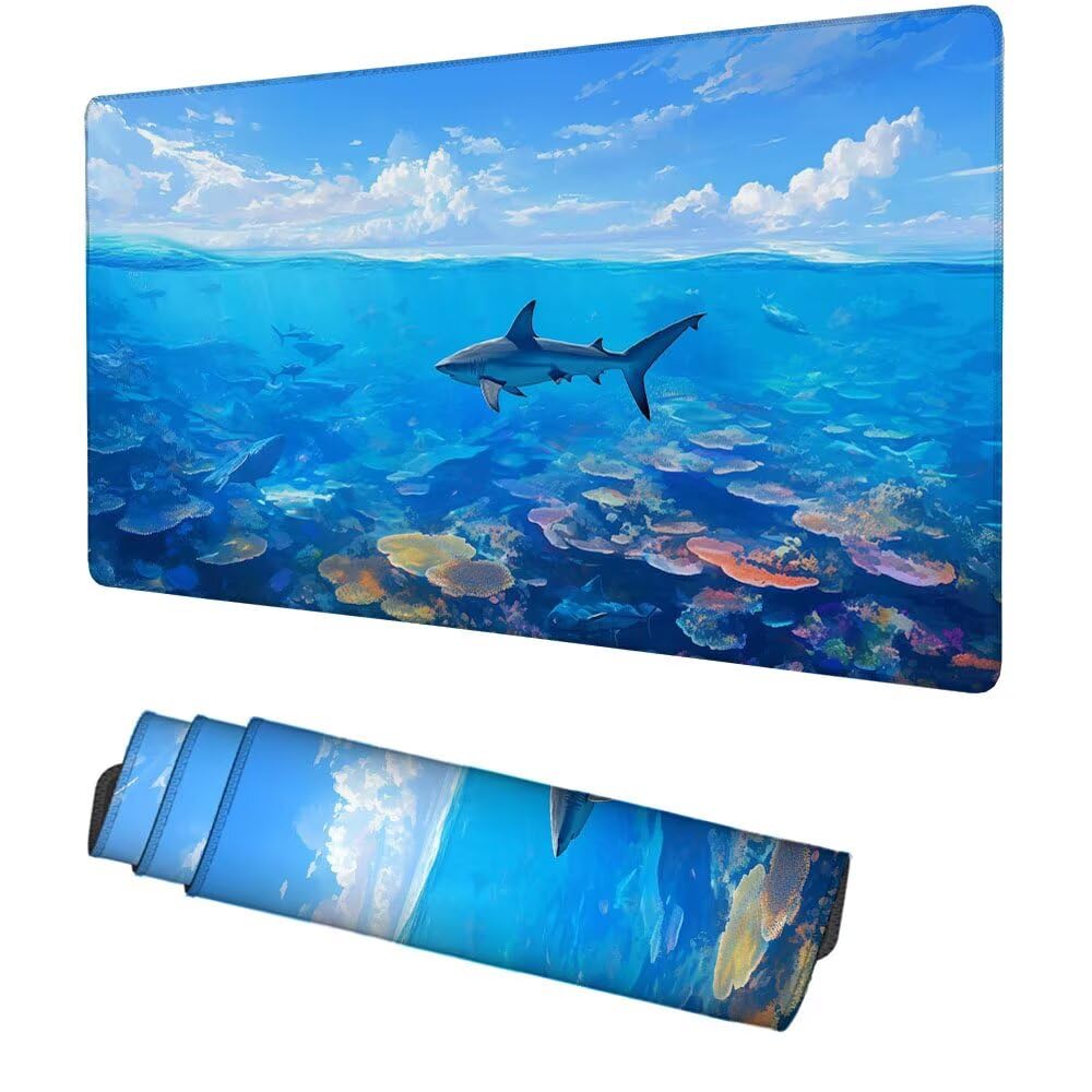 Hai Mauspad 1000x500x3mm, Mousepad Gaming Mauspad blau Mousepad XXL, Mouse Pad mit Vernähten Kanten und rutschfeste Gummibasis, Schreibtisch Zubehör, Maus Pad für Gaming Tastatur und Maus, f-370