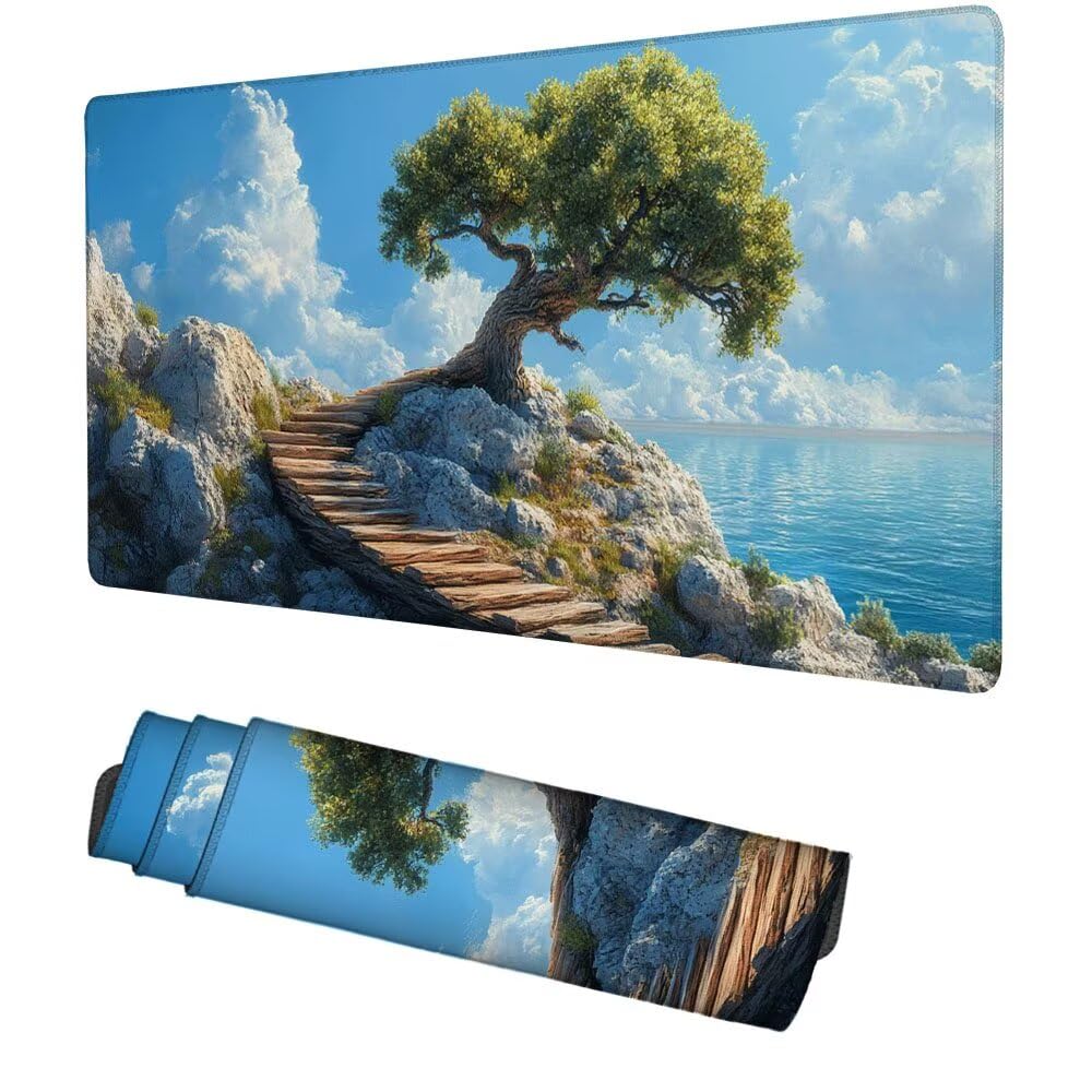 Baum Mauspad 1000x500x3mm, Mousepad Gaming Mauspad blau Mousepad XXL, Mouse Pad mit Vernähten Kanten und rutschfeste Gummibasis, Schreibtisch Zubehör, Maus Pad für Gaming Tastatur und Maus, f-388