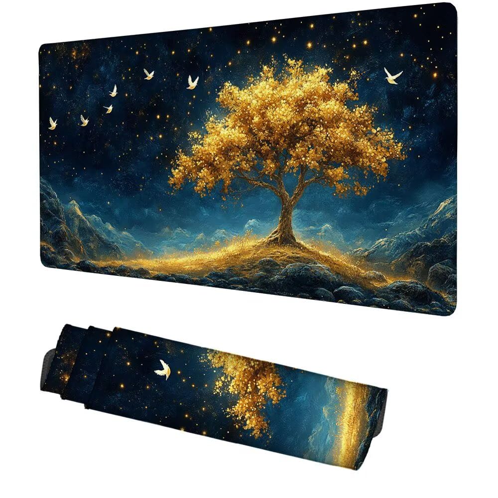 Baum Mauspad 900x500x3mm, Mousepad Gaming Mauspad Sternenhimmel Mousepad XXL, Mouse Pad mit Vernähten Kanten und rutschfeste Gummibasis, Schreibtisch Zubehör, für Gaming Tastatur und Maus, f-392