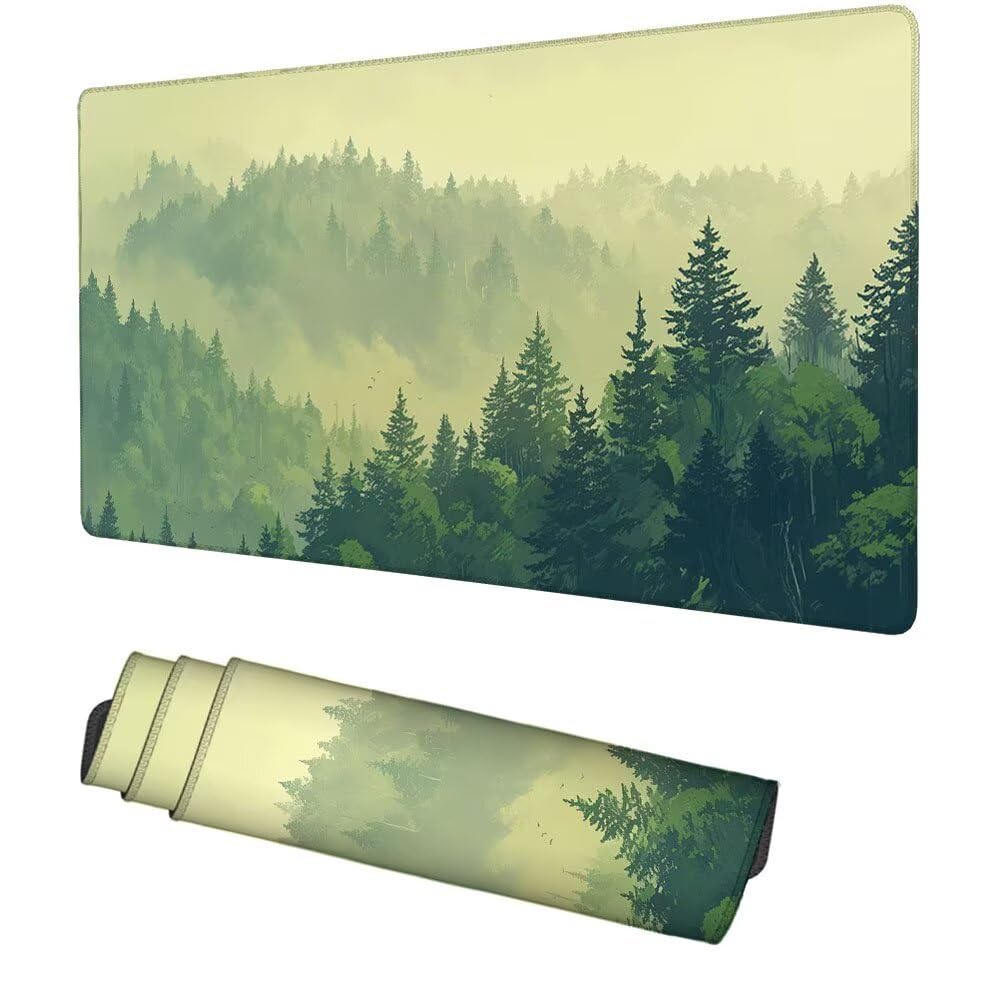 Wald Mauspad 900x500x3mm, Mousepad Gaming Mauspad Nebel Mousepad XXL, Mouse Pad mit Vernähten Kanten und rutschfeste Gummibasis, Schreibtisch Zubehör, Maus Pad für Gaming Tastatur und Maus, f-366