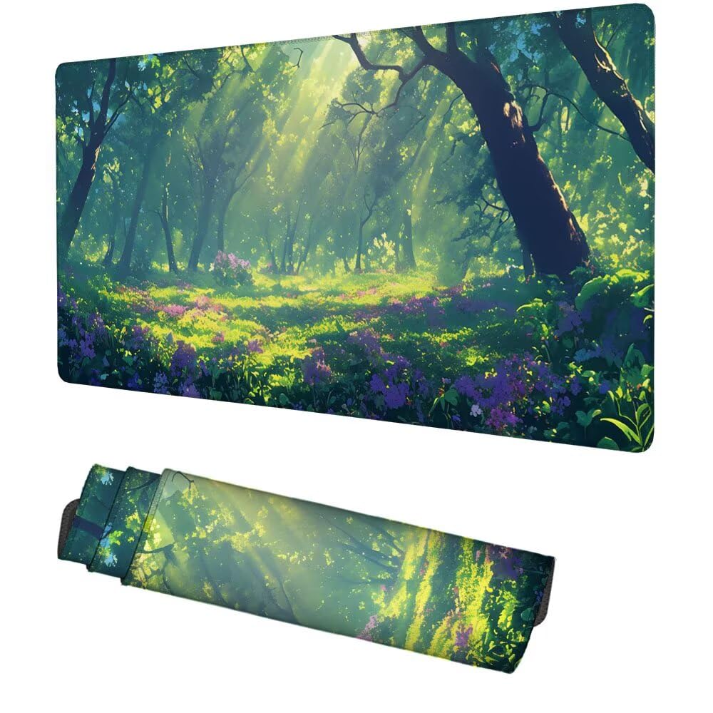 Wald Mauspad 1000x500x3mm, Mousepad Gaming Mauspad Grün Mousepad XXL, Mouse Pad mit Vernähten Kanten und rutschfeste Gummibasis, Schreibtisch Zubehör, Maus Pad für Gaming Tastatur und Maus, f-364