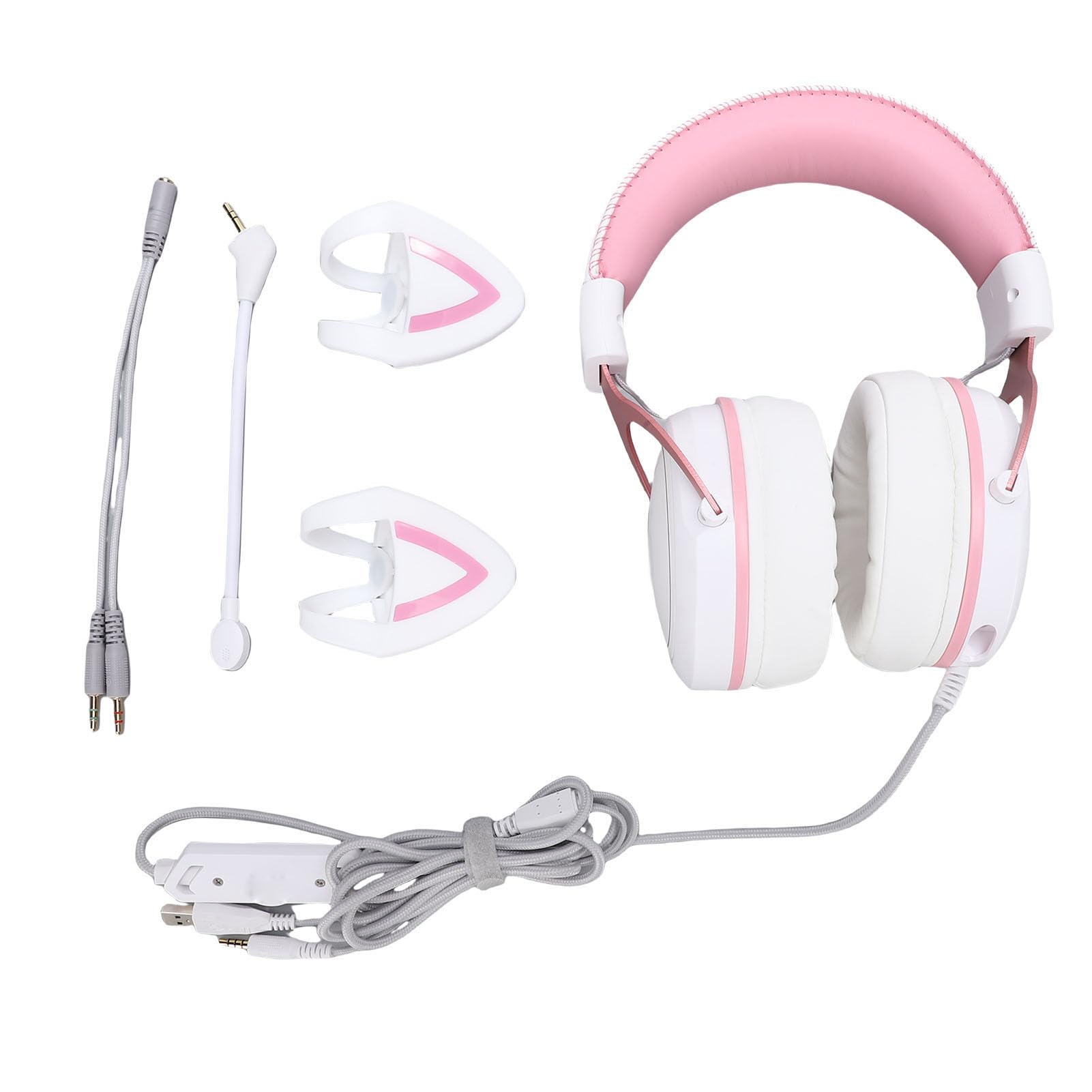 Kabelgebundenes Gaming-Headset für PC, RGB-Beleuchtung, Geräuschunterdrückung, Over-Ear-Kopfhörer mit Mikrofon für Gaming-Enthusiasten (Weiß-Rosa mit Katzenohren-Dekor)