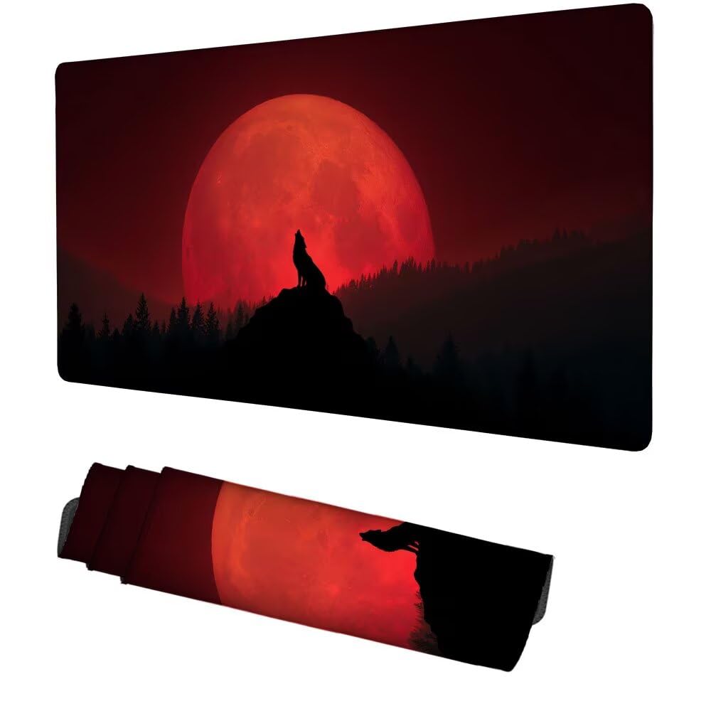Mond Mauspad 1000x500x3mm, Mousepad Gaming Mauspad rot Mousepad XXL, Mouse Pad mit Vernähten Kanten und rutschfeste Gummibasis, Schreibtisch Zubehör, Maus Pad für Gaming Tastatur und Maus, f-466
