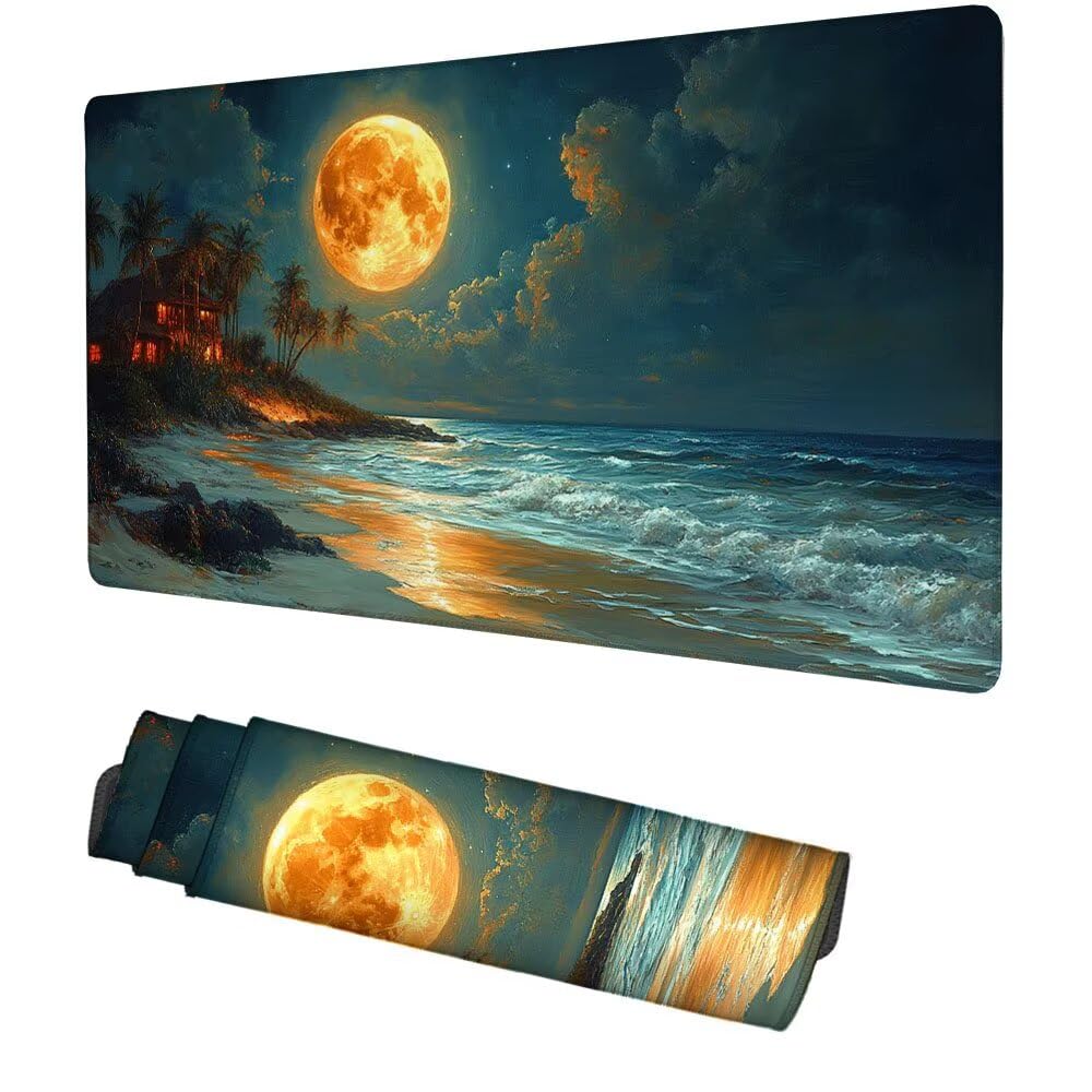 Mond Mauspad 900x500x3mm, Mousepad Gaming Mauspad Strand Mousepad XXL, Mouse Pad mit Vernähten Kanten und rutschfeste Gummibasis, Schreibtisch Zubehör, Maus Pad für Gaming Tastatur und Maus, f-458