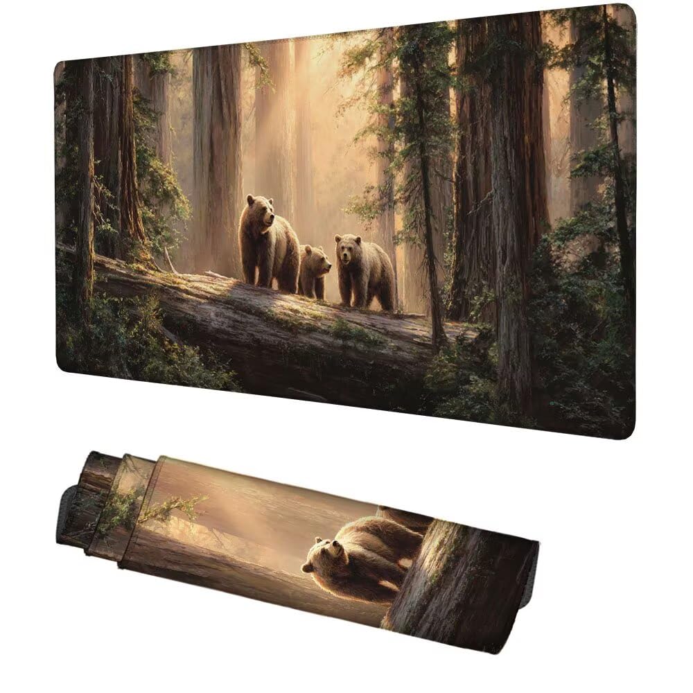 Bär Mauspad 1000x500x3mm, Mousepad Gaming Mauspad Wald Mousepad XXL, Mouse Pad mit Vernähten Kanten und rutschfeste Gummibasis, Schreibtisch Zubehör, Maus Pad für Gaming Tastatur und Maus, f-440