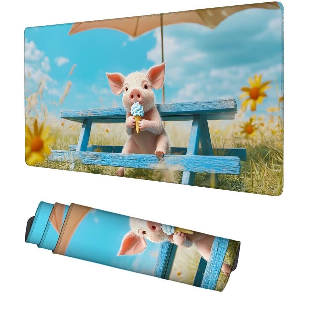 Schwein Mauspad 900x500x3mm, Mousepad Gaming Mauspad blau Mousepad XXL, Mouse Pad mit Vernähten Kanten und rutschfeste Gummibasis, Schreibtisch Zubehör, Maus Pad für Gaming Tastatur und Maus, f-474
