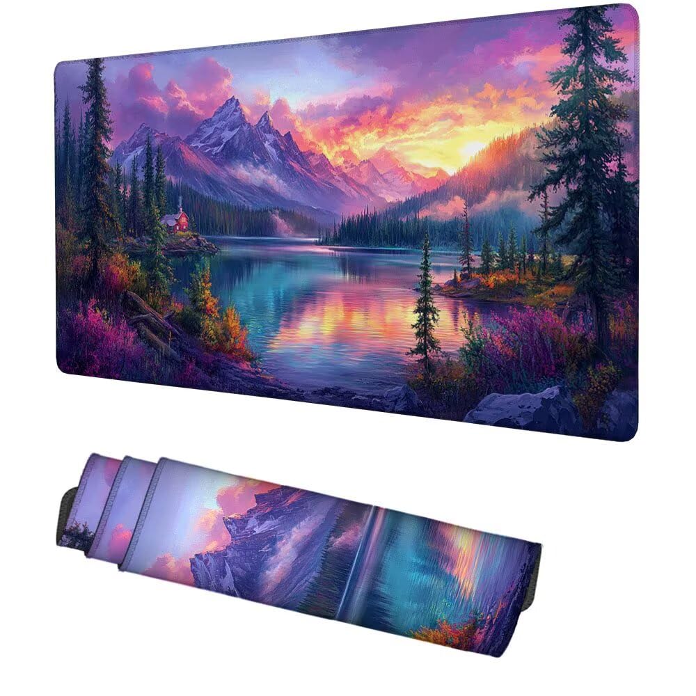 Lila Mauspad 1000x500x3mm, Mousepad Gaming Mauspad Landschaft Mousepad XXL, Mouse Pad mit Vernähten Kanten und rutschfeste Gummibasis, Schreibtisch Zubehör, für Gaming Tastatur und Maus, f-478