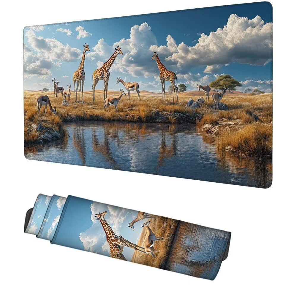 Giraffe Mauspad 900x500x3mm, Mousepad Gaming Mauspad Steppe Mousepad XXL, Mouse Pad mit Vernähten Kanten und rutschfeste Gummibasis, Schreibtisch Zubehör, Maus Pad für Gaming Tastatur und Maus, f-470