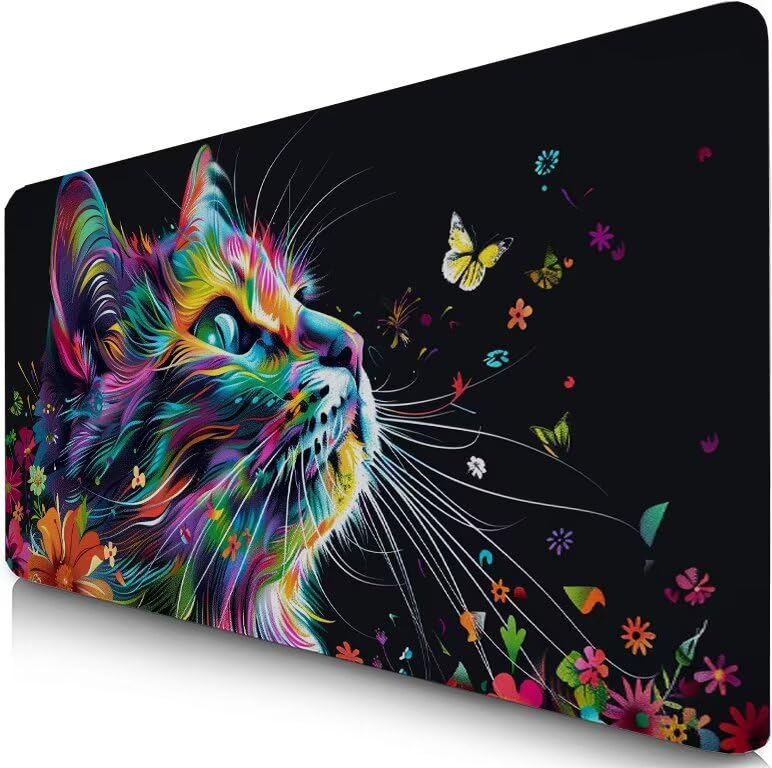 Schreibtischunterlage Schwarz Mauspad XXL 150x80cm Mousepad Katze Gaming Mauspad mit Nicht rutschender Unterlage, Vernähte Kanten WassXerdicht Anti-Rutsch Maus Pad für PC, Office Geschenke F0-953