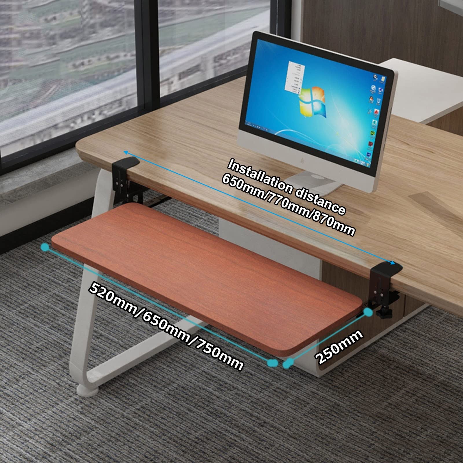 Tastaturablage aus Holz, unter dem Schreibtisch, verstellbare Schiebe-Tastatur- und Maus-Plattform, Teakholz, 520 x 250 mm, Design für Home Office & Gaming Setup