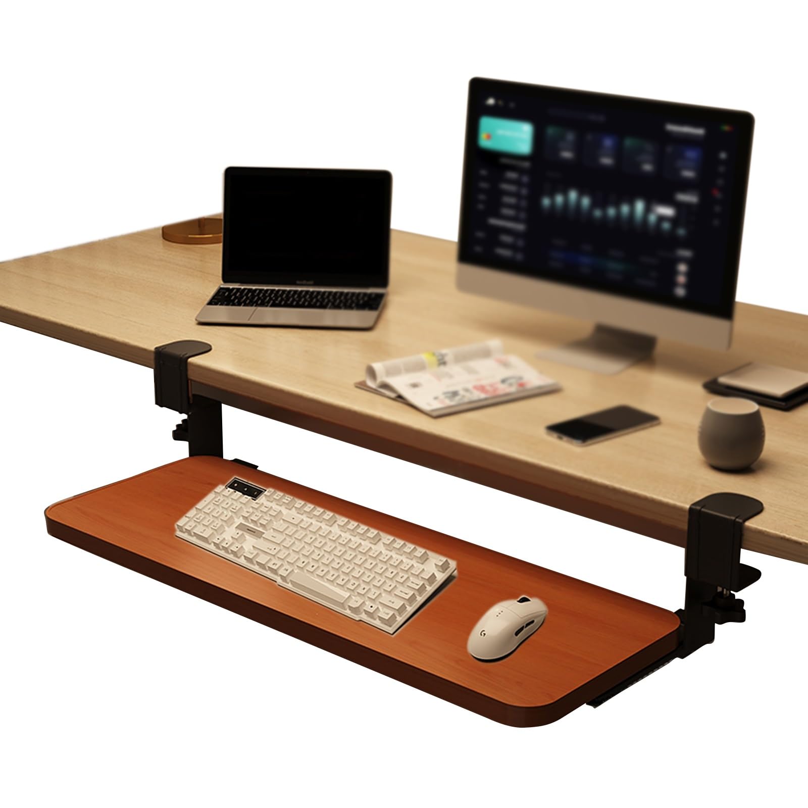 Custom Gaming Tastenkappen-Set, Untertisch-Tastaturablage mit Ders für Maus, Teakholz, 75 cm x 24 cm, verstellbares und platzsparendes Design