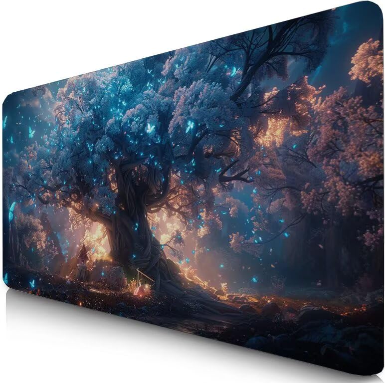 Schreibtischunterlage Baum Mauspad XXL 120x60cm Mousepad Blau Gaming Mauspad mit Nicht rutschender Unterlage, Vernähte Kanten WassXerdicht Anti-Rutsch Maus Pad für PC, MacBook, Laptop, Office F0-977