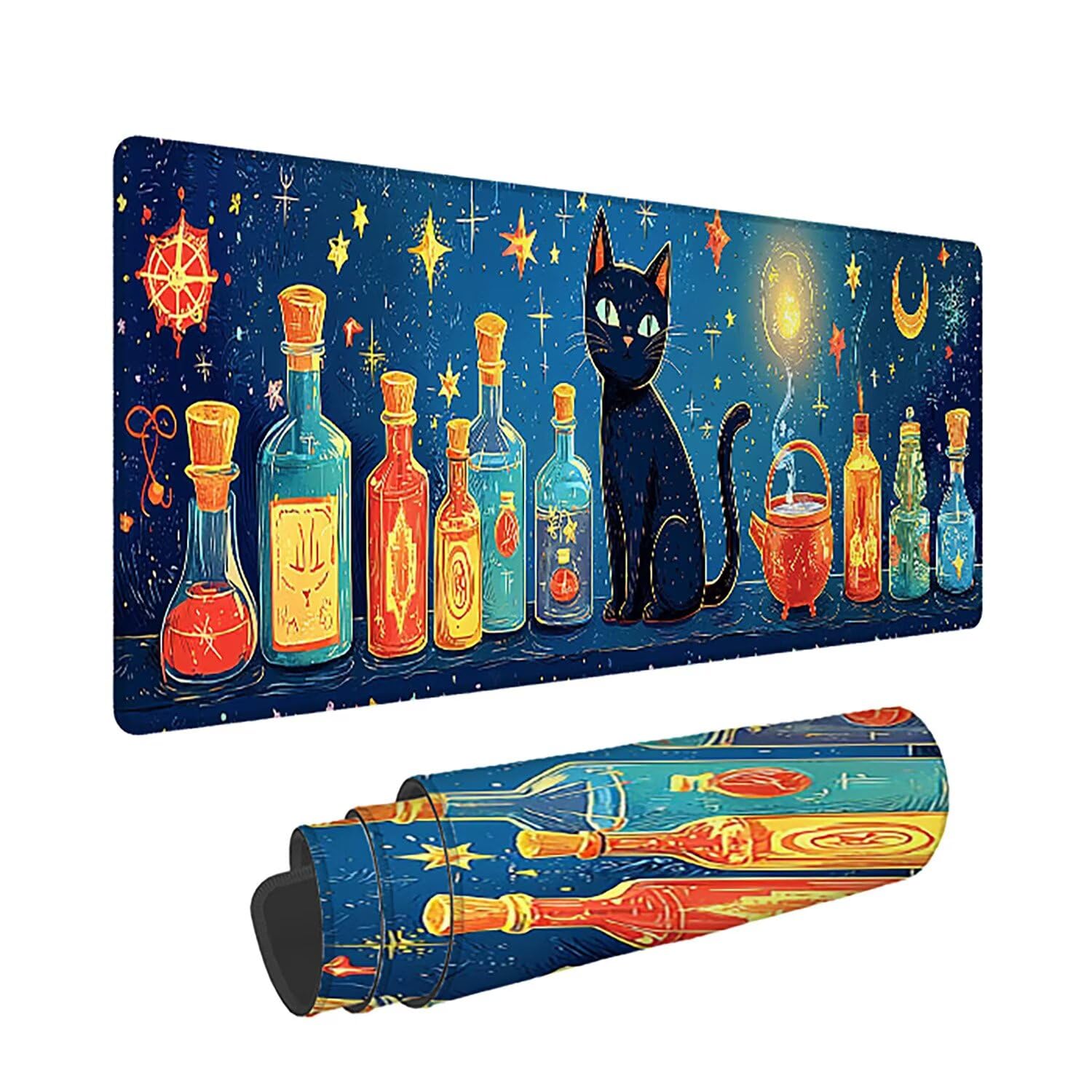 Gaming Mauspad XXL 1400x600x3mm, Katze Anti -Rutsch Mousepad XXL, Blau groß Schreibtischunterlage, Waschbares, Rutschfeste Gummibasis, Mauspad mit Nähten an Den Kanten für PC, Maus und Tastatur -36870