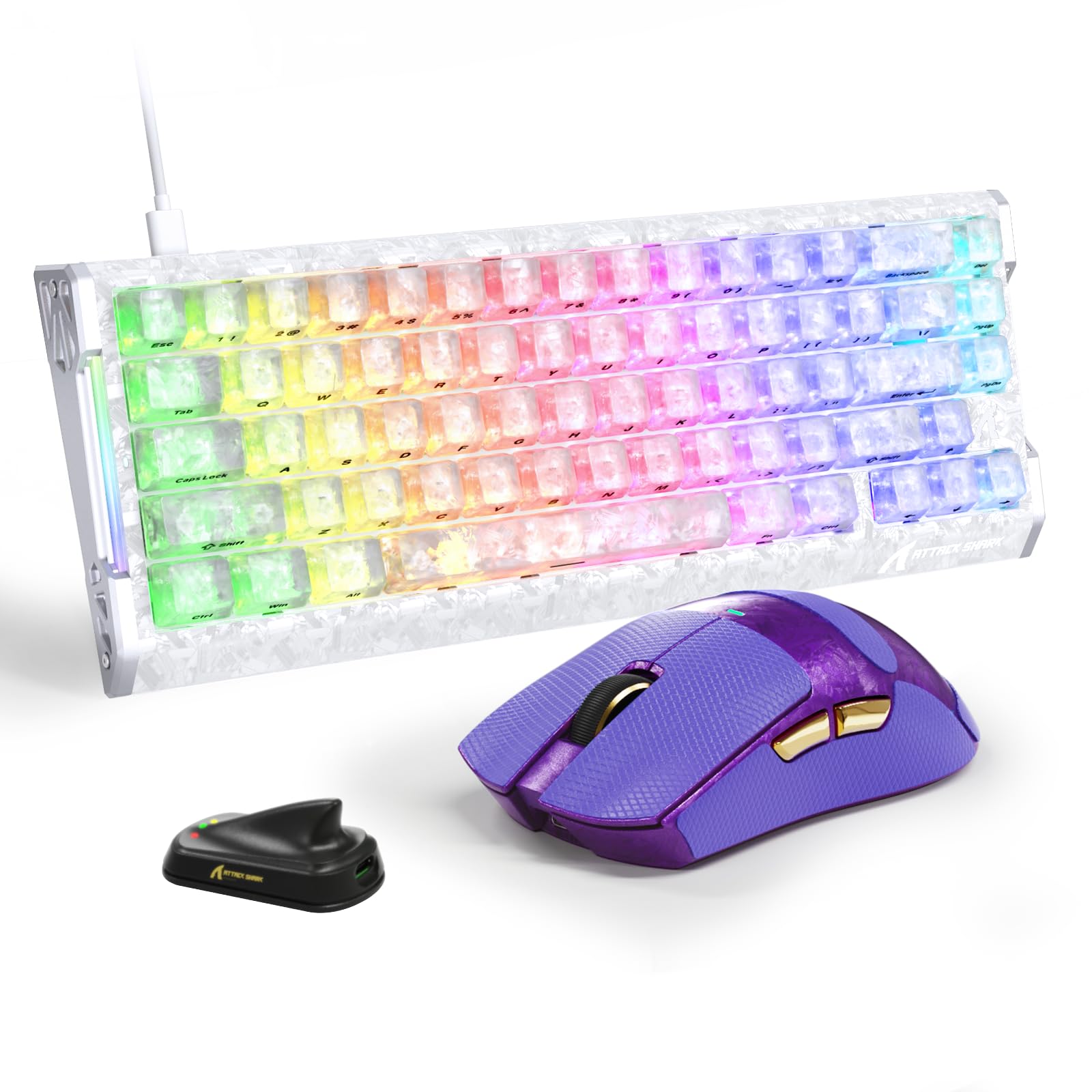 ATTACK SHARK Carbon Fiber Gaming R68 HE Tastatur & X11 Ultra Maus Set, 63g Nordic54L15 Wireless Superlight Maus, 8KHz, PAW3950MAX 42K DPI, 0.005mm RT Rapid Trigger Magnetische Tastatur - Ice/Purple