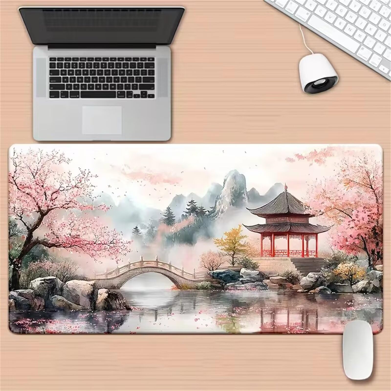 Tastaturunterlage, Japanisches Gartenmotiv-Mauspad mit genähten Kanten, Rutschfester Unterseite, ideal for Tastatur, Maus und Homeoffice, Gaming Arbeit(900x300x3mm)