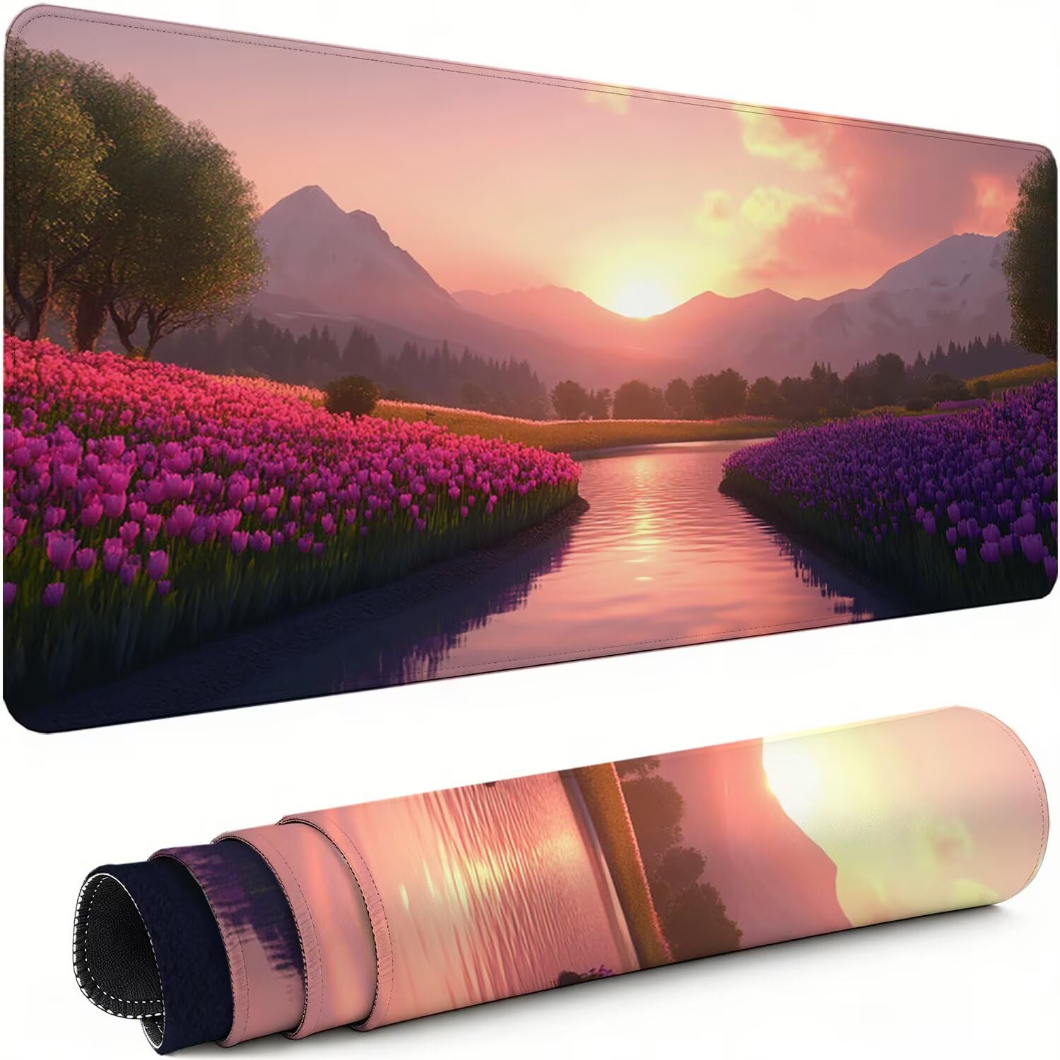 Gaming Mauspad XXL 1200x600x3mm Blume Mousepad, Große Speed rutschfeste Schreibtischunterlage Landschaft Verbessert Präzision und Geschwindigkeit mit Stoßdämpfung für Tastatur Maus Homeoffice xg-911