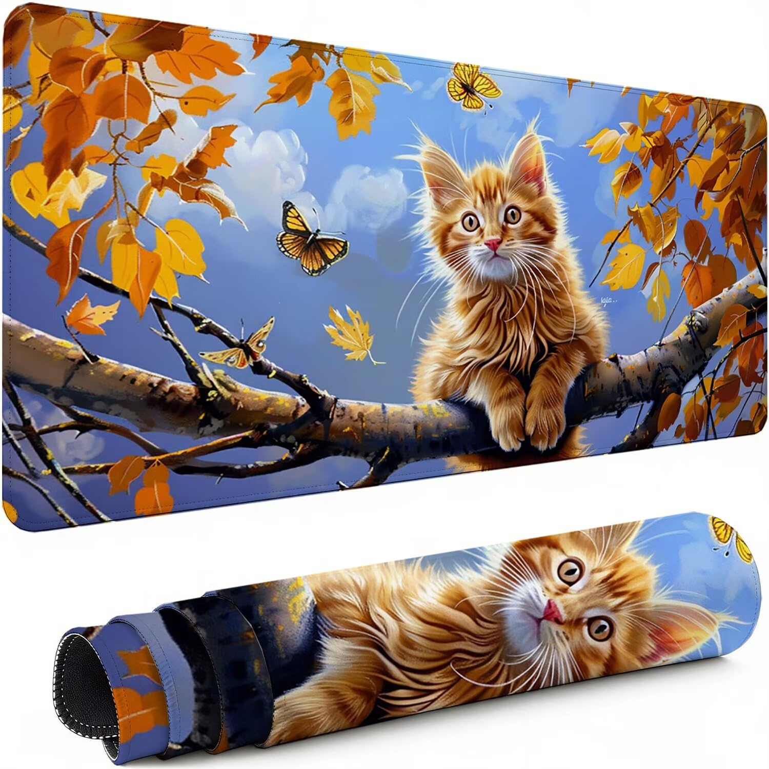 Gaming Mauspad XXL 1600x800x3mm Katze Mousepad, Große Speed rutschfeste Schreibtischunterlage Blätter Verbessert Präzision und Geschwindigkeit mit Stoßdämpfung für Tastatur und Maus Homeoffice xg-905