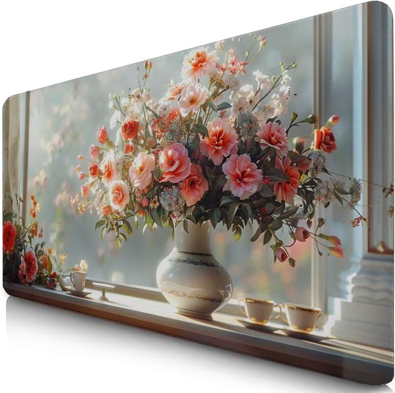 Schreibtischunterlage Weiß Mauspad XXL 100x50cm Mousepad Vase Gaming Mauspad mit Nicht rutschender Unterlage, Vernähte Kanten WassXerdicht Anti-Rutsch Maus Pad für Laptop, Office Geschenke F0-1034