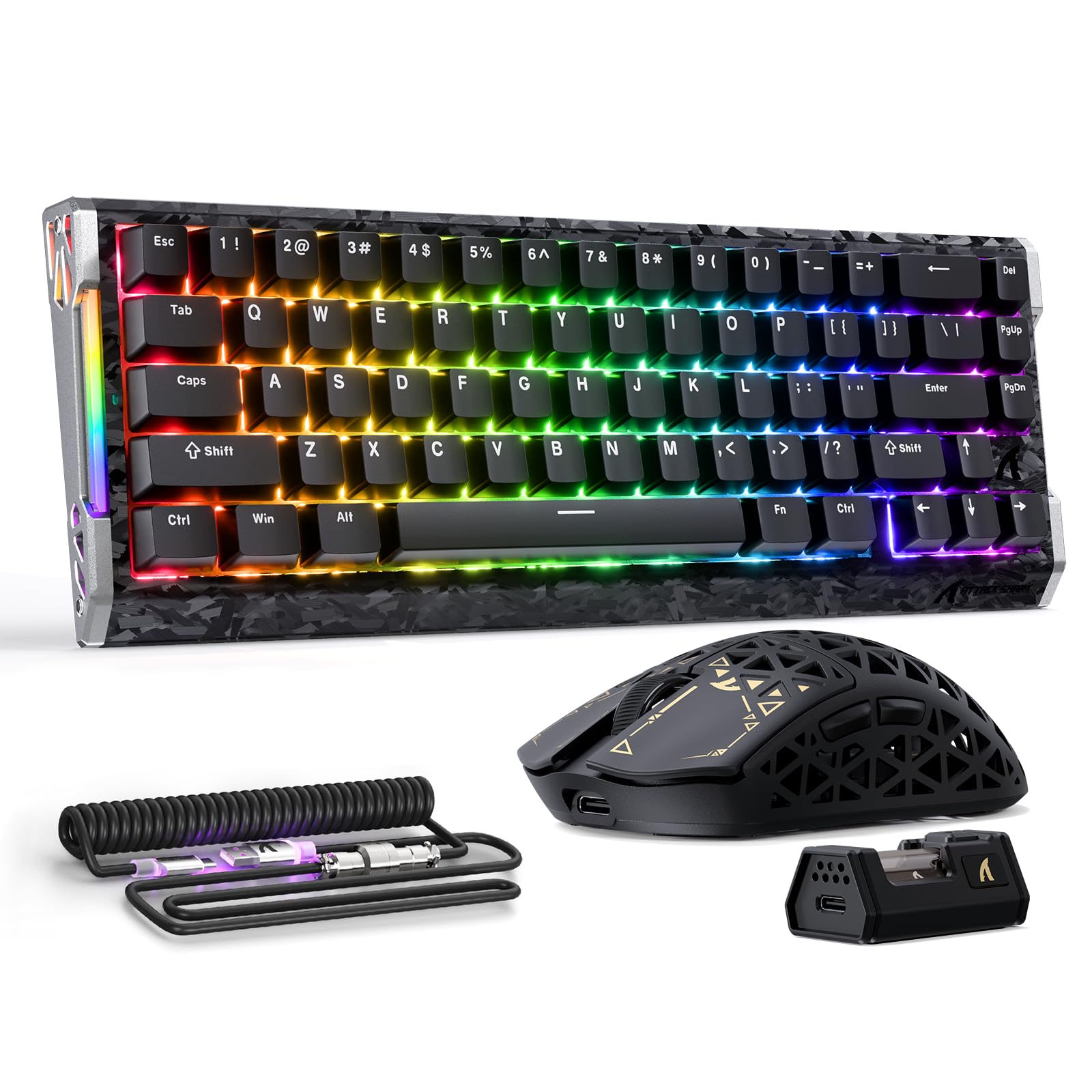 ATTACK SHARK R68 HE & R5 Ultra Carbon Tastatur und Maus Set,kabelgebundene 8000Hz-Tastatur mit Rapid Trigger und Spiralkabel, 0,005mm RT-Präzision, 39g leichte kabellose Maus, 42KDPI, Schwarz