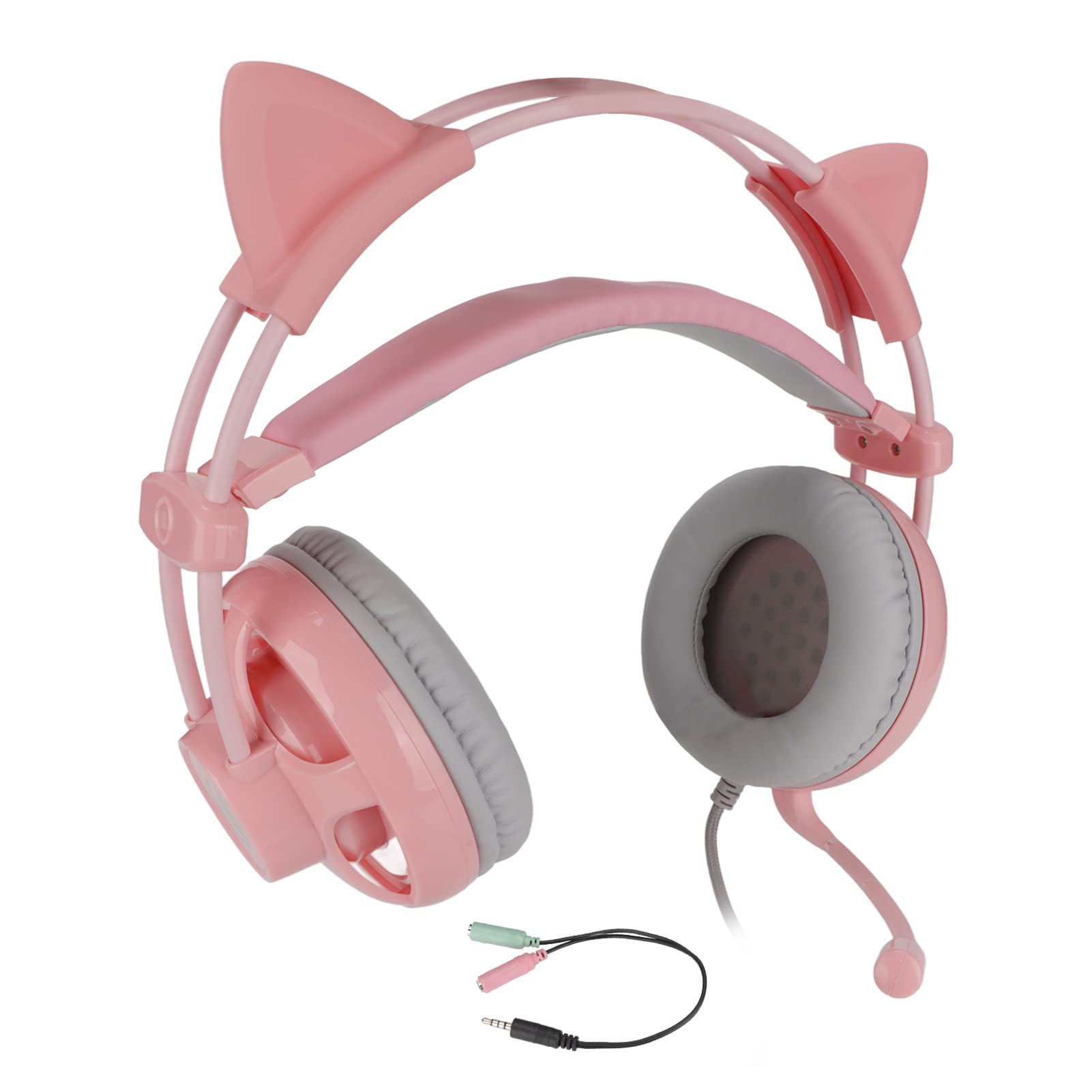 Niedliches rosa Katzenohren-Gaming-Headset für, 7.1-Surround-Stirnband, kabelgebundenes Gaming-Headset, Bass-Surround und Geräuschunterdrückung mit Mikrofon für (Grau und Rosa)