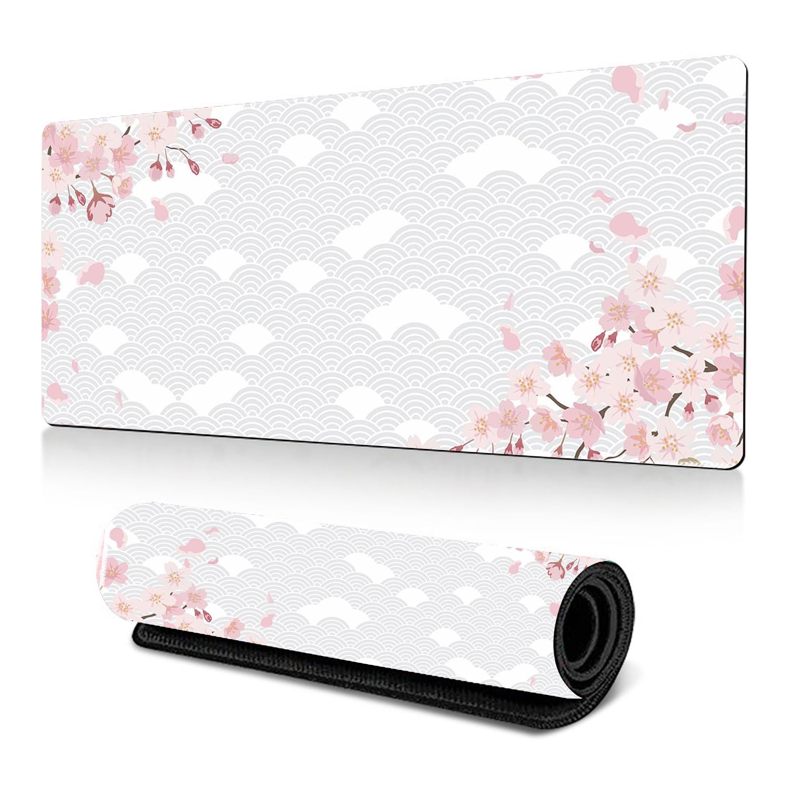 Gaming Mauspad XXL Großes Mousepad 800x300 mm Pflaumenblüten Maus Pad mit Rutschfestem Gummiboden Japan Sakura Maus Pad für PC, MacBook, Laptop (Grau)