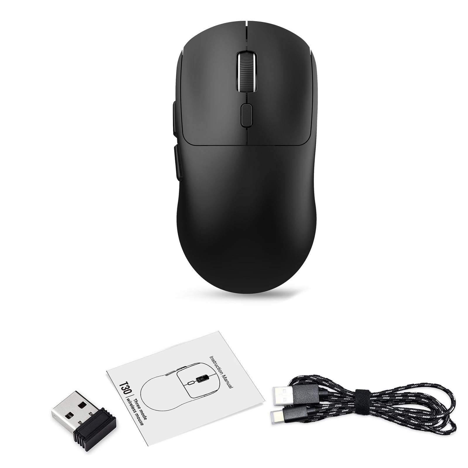Jiawu Gaming-Maus, 2,4 G/BT5.4/kabelgebundene Konnektivität, Optisch, Ergonomische Maus mit 6 Tasten, 6400 DPI, Hohe Präzision für Laptop, Gaming, Komfortabler Griff (T30 Schwarz)