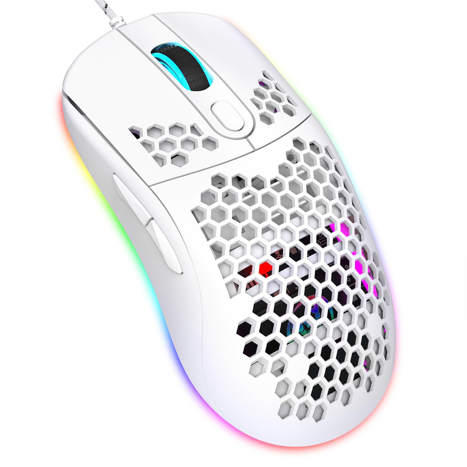 Jiawu Gaming-Maus, 8000 DPI RGB-Beleuchtungsmaus, Kabelgebundene Mäuse mit 6 Programmierbaren Tasten, Hohe Präzision, Hohlrahmen-Design für Laptop, Gaming, Bequemer Griff (White)
