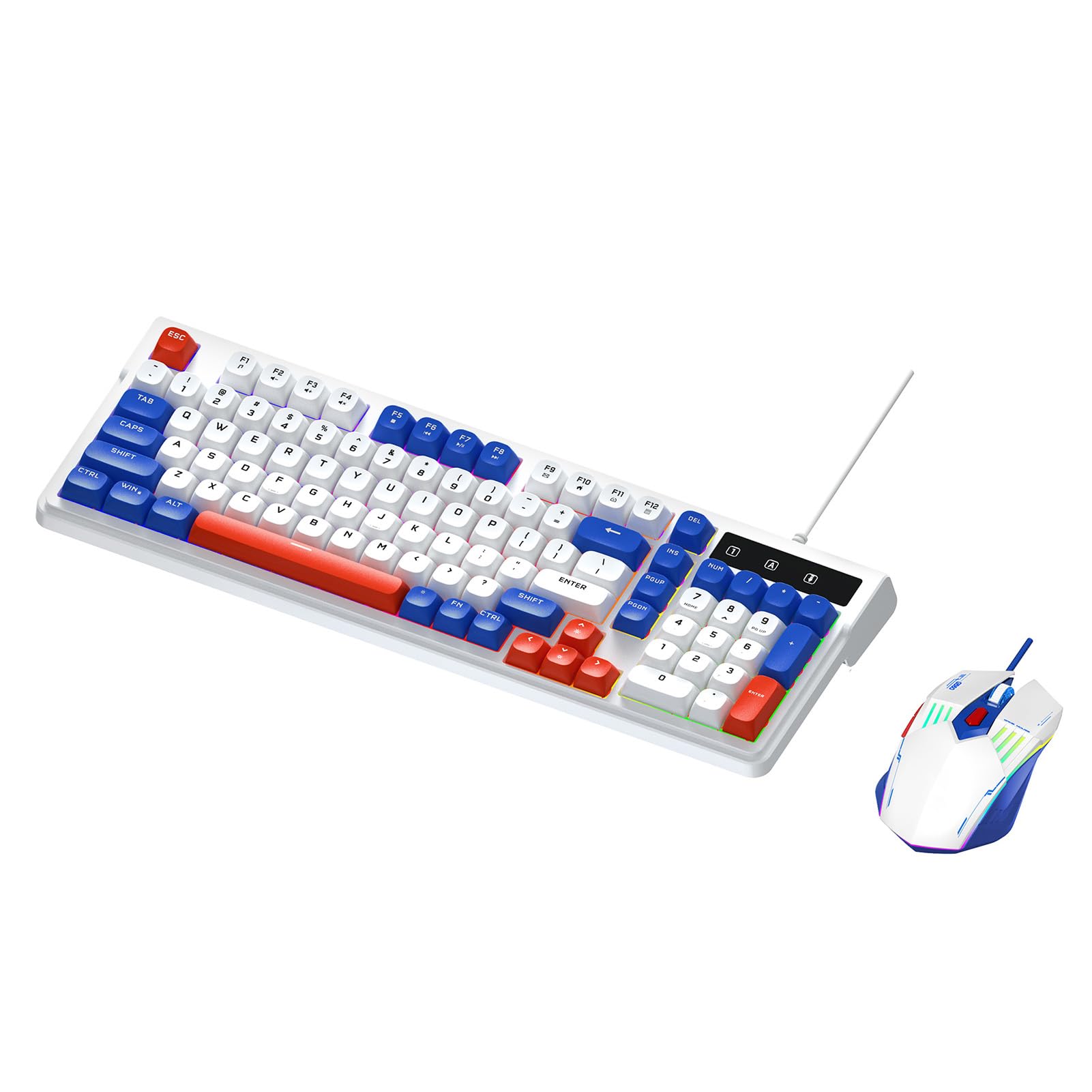 Cuifati RGB-Gaming-Tastatur- und Maus-Set mit 98 Tasten Im Kompakten Layout, 7 Anpassbaren Hintergrundbeleuchtungsmodi und Multimedia-Schnelltasten für PC und Laptop (Blau Weiß)