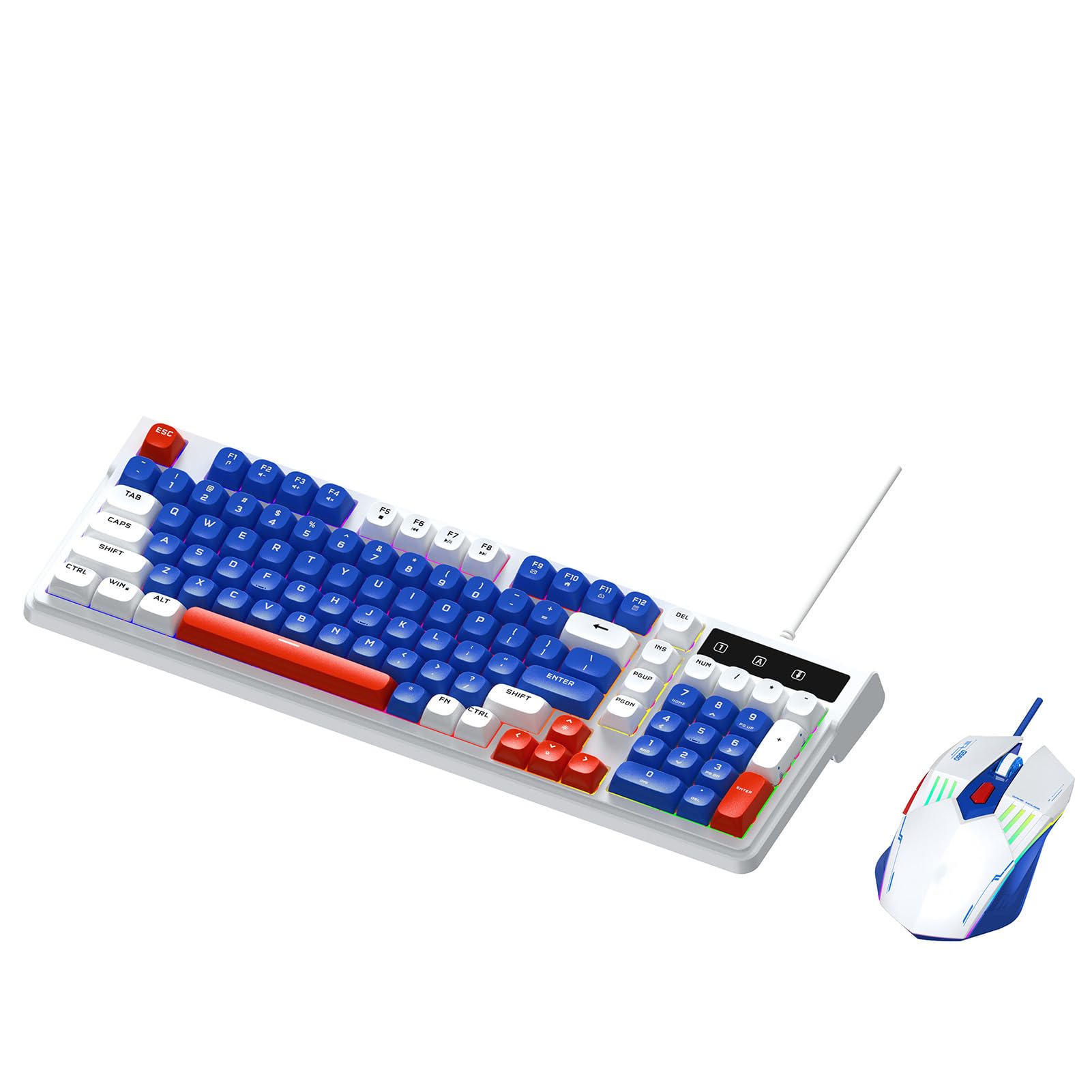 Jectse RGB-beleuchtete Gaming-Tastatur und -Maus-Kombination, Kompakte 98-Tasten-Tastatur mit Multimedia-Schnelltasten und 7 Lichteffekten, Kabelgebundene USB- für Laptop/PC (Weiß Blau)