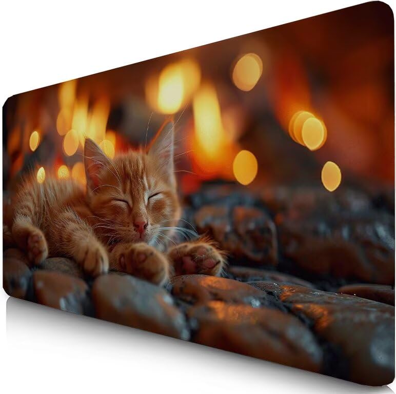 Schreibtischunterlage Feuer Mauspad XXL 100x50cm Mousepad Katze Gaming Mauspad mit Nicht rutschender Unterlage, Vernähte Kanten WassXerdicht Anti-Rutsch Maus Pad für Laptop, Office Geschenke F0-1100