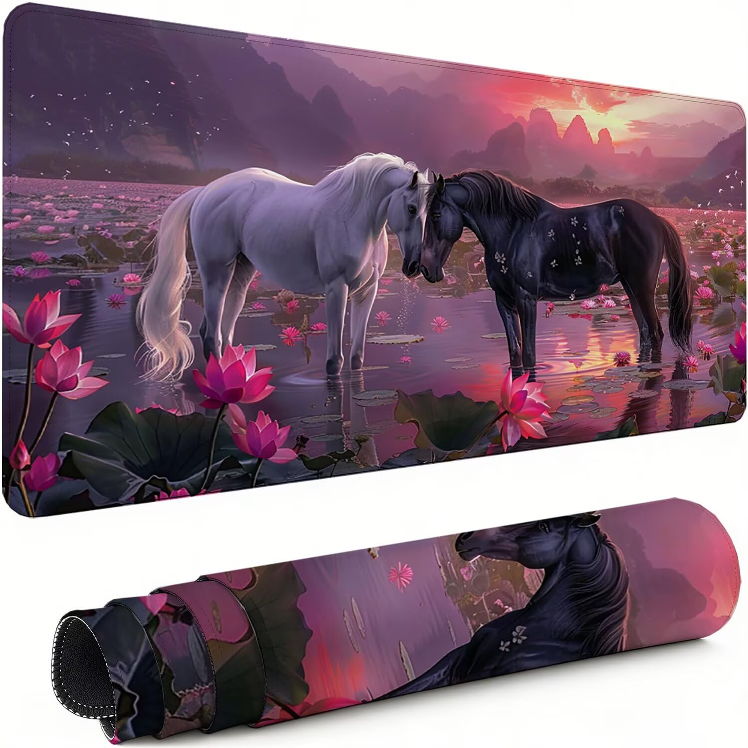 Gaming Mauspad XXL 900x400x3mm Pferd Mousepad, Große Speed rutschfeste Schreibtischunterlage Blume Verbessert Präzision und Geschwindigkeit mit Stoßdämpfung für Tastatur und Maus Homeoffice xg-956