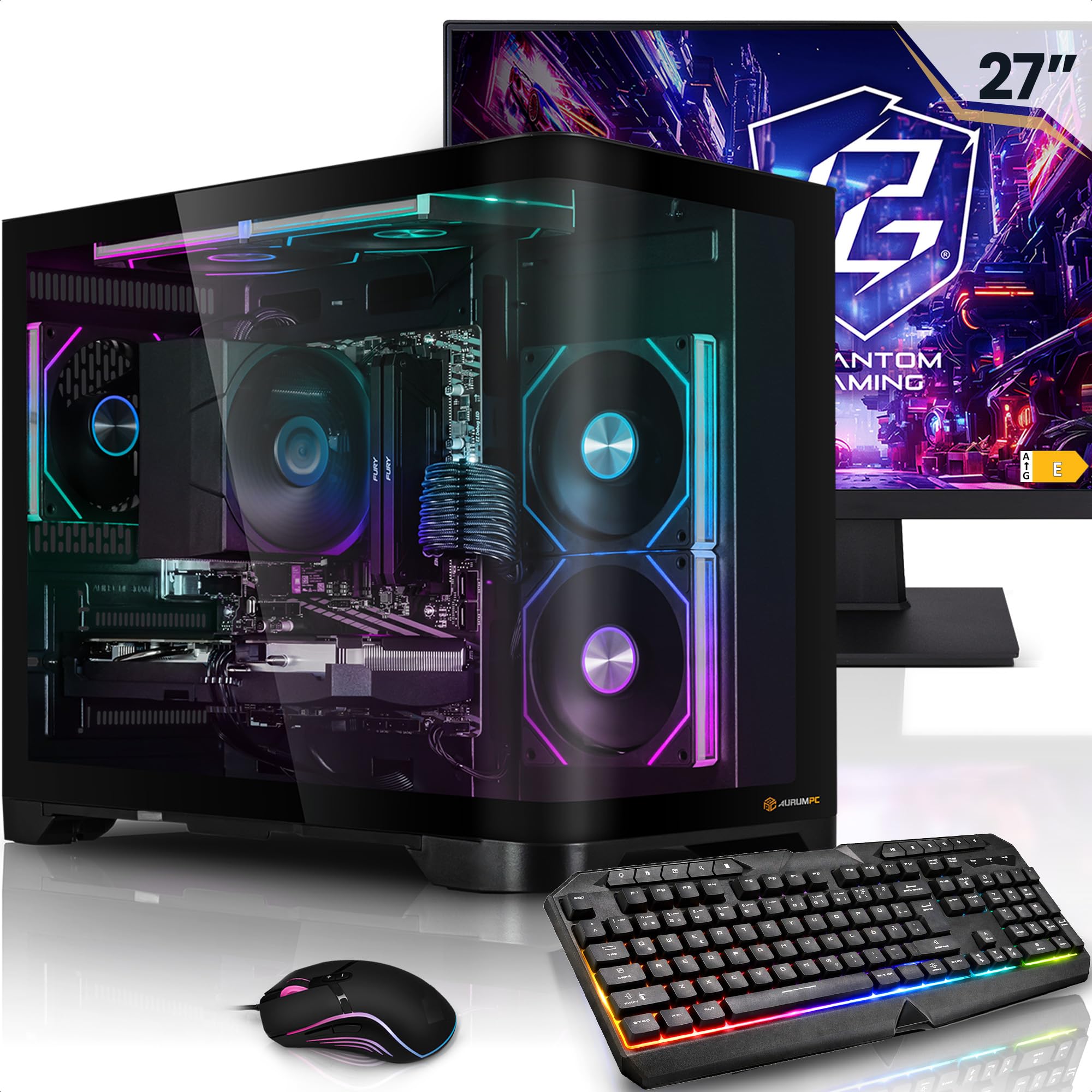 Aurum Komplett Set Gaming PC Intel Core i5-14400F • 27" Monitor • GeForce RTX3050 6GB • 16GB DDR4 • 500GB M.2 SSD • Windows 11 • Luftkühlung • Tastatur • Maus pc Gaming komplettpaket
