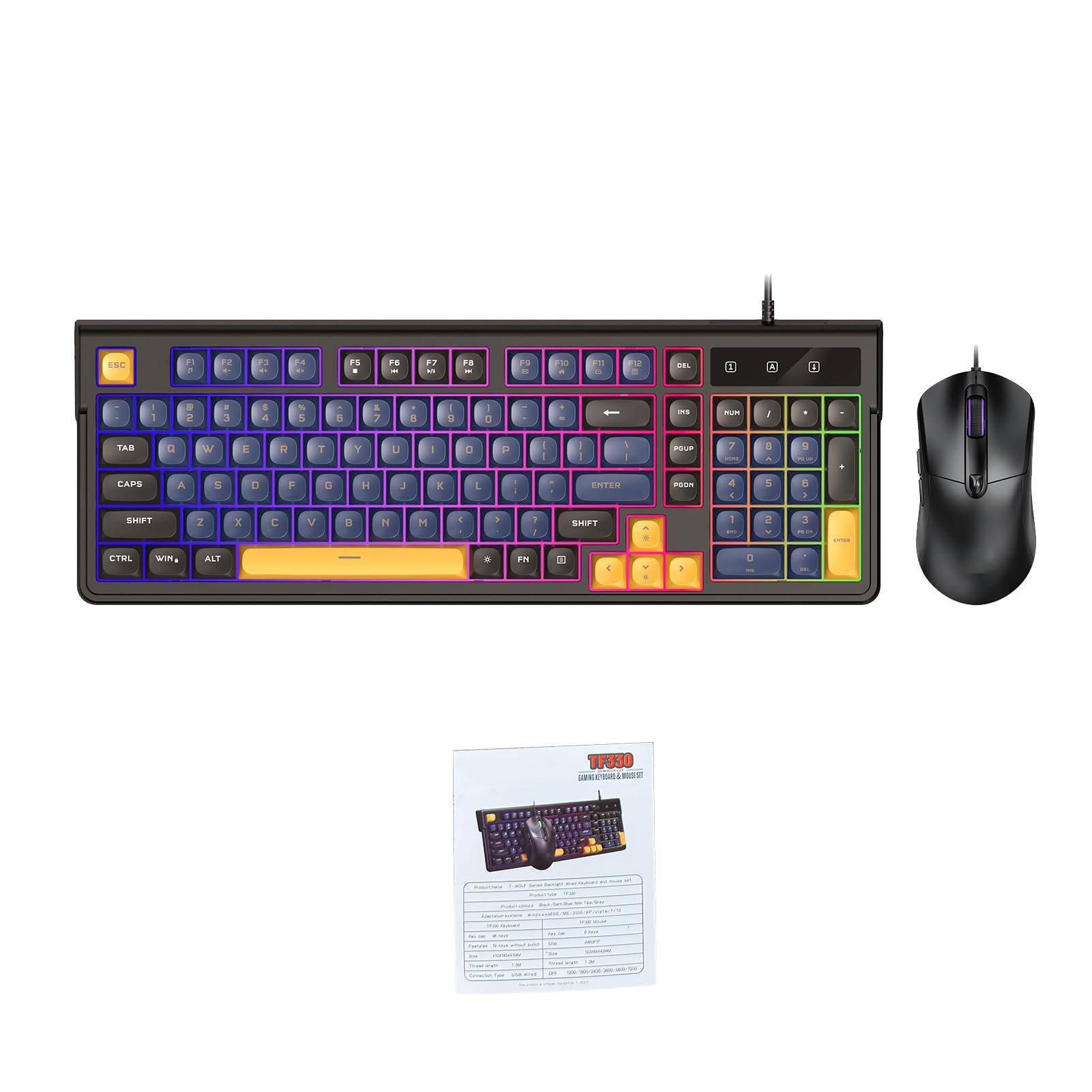 Denash Gaming-Tastatur- und Maus-Kombination, Ergonomisches Design mit RGB-Hintergrundbeleuchtung, Kompaktem 98-Tasten-Layout und 6-Tasten-Maus, mit Einstellbarer DPI Bis zu 7200, (Blaues schwarzes