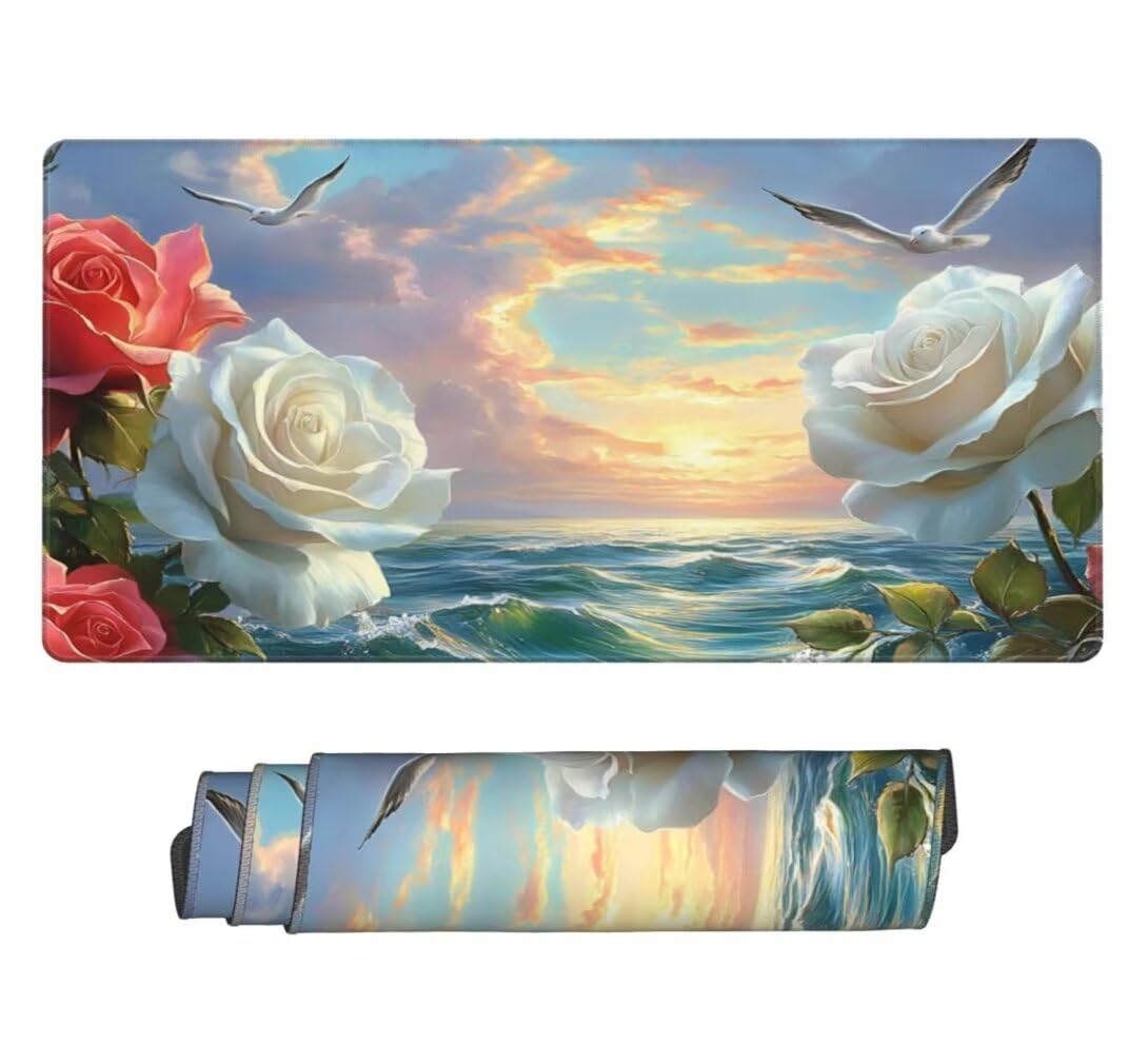 Mauspad XXL 1200x600mm, Weiße Rose Mousepad XXL Mauspad Gaming Meer Mouse Pad mit Genähten Kanten, Rutschfest und Wasserabweisend Schreibtisch Unterlage Groß Desk Mat für Tastatur und Maus -MP1106