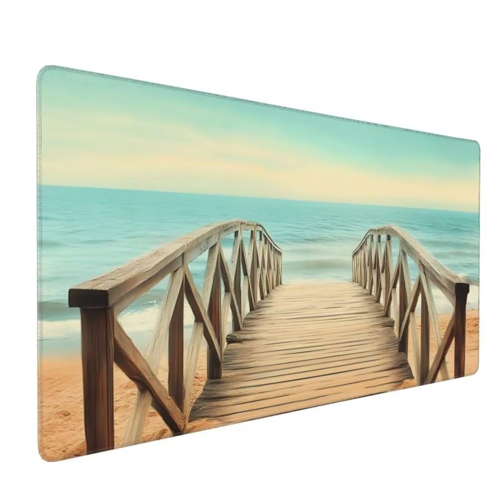 Mauspad XXL 1200x600mm, Holzbrücke Mousepad XXL Mauspad Gaming Meer Mouse Pad mit Genähten Kanten, Rutschfest und Wasserabweisend Schreibtisch Unterlage Groß Desk Mat für Tastatur und Maus -MP1110