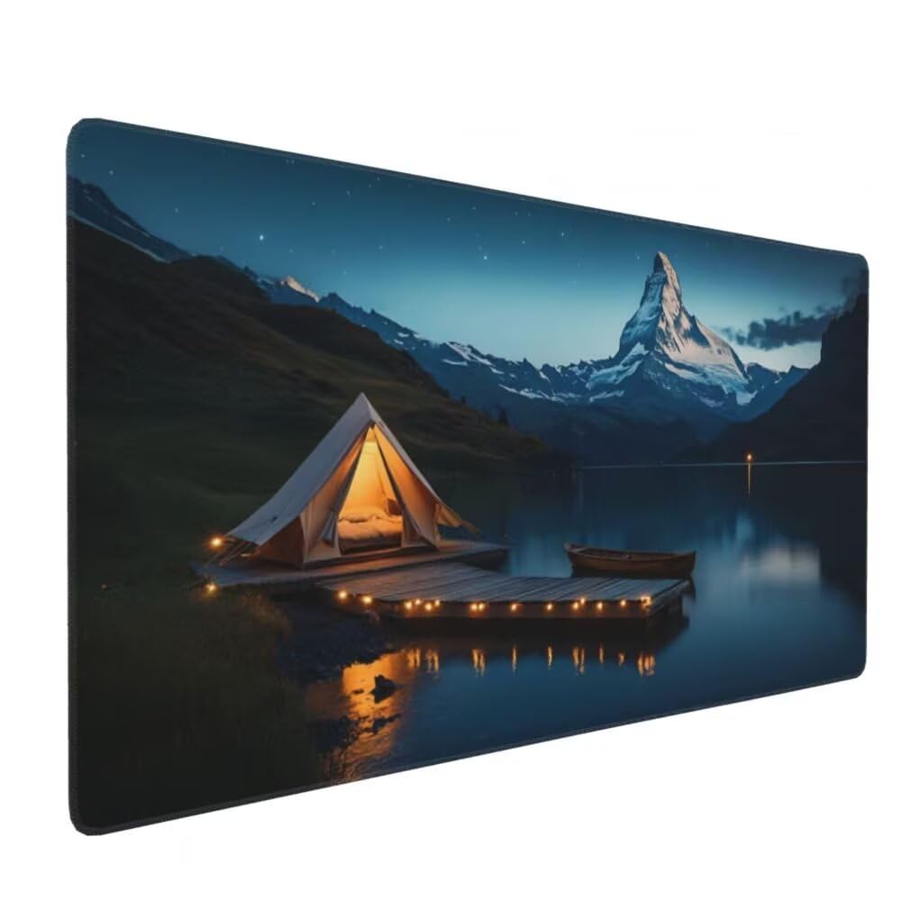Gaming Mauspad XXL See, Großes Mousepad 800 x 400 x 3 mm, Mouse Pad Groß, Schreibtischunterlage Schneebedeckte Berge Wasserdicht, Genähte Kanten Mauspads, rutschfeste Gummibasis Maus Pad -MP1103