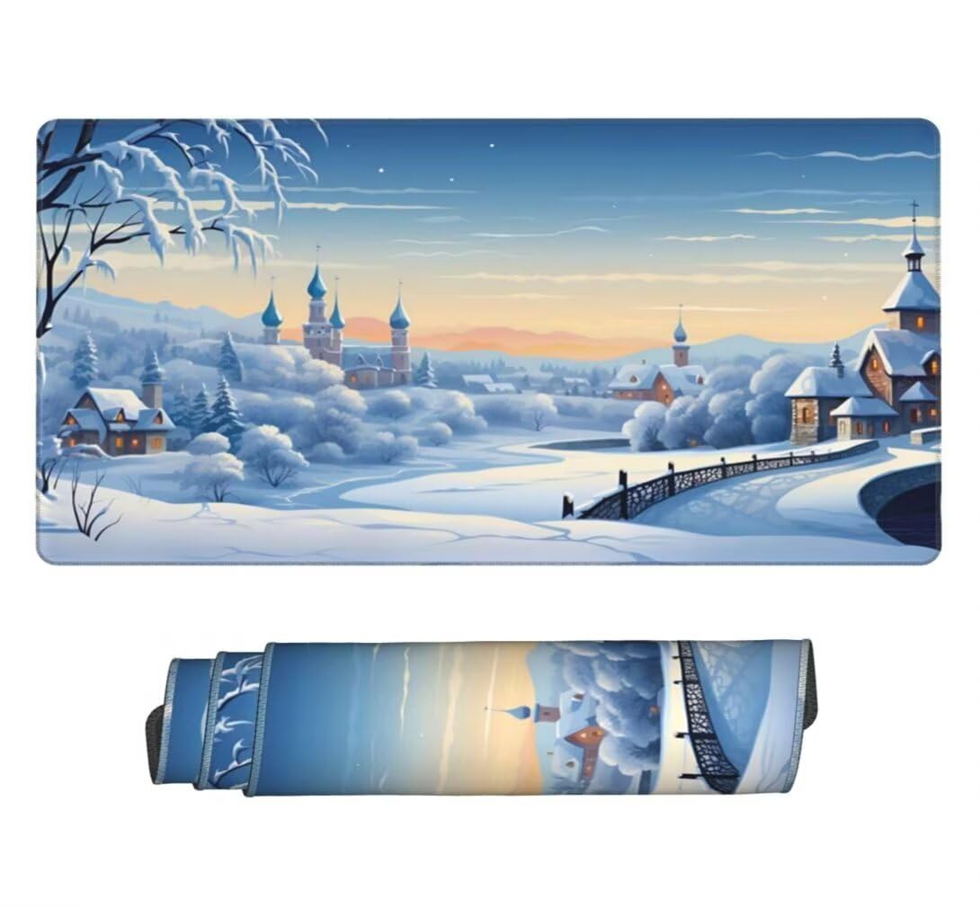 Gaming Mauspad XXL Winterlandschaft, Großes Mousepad 900 x 400 x 3 mm, Mouse Pad Groß, Schreibtischunterlage Burg Wasserdicht, Genähte Kanten Mauspads, rutschfeste Gummibasis Maus Pad -MP1059