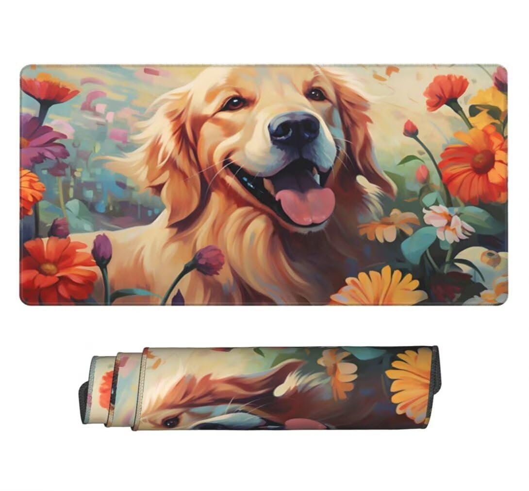 Mauspad XXL 1200x600mm, Hund Mousepad XXL Mauspad Gaming Blumen Mouse Pad mit Genähten Kanten, Rutschfest und Wasserabweisend Schreibtisch Unterlage Groß Desk Mat für Tastatur und Maus -MP1058