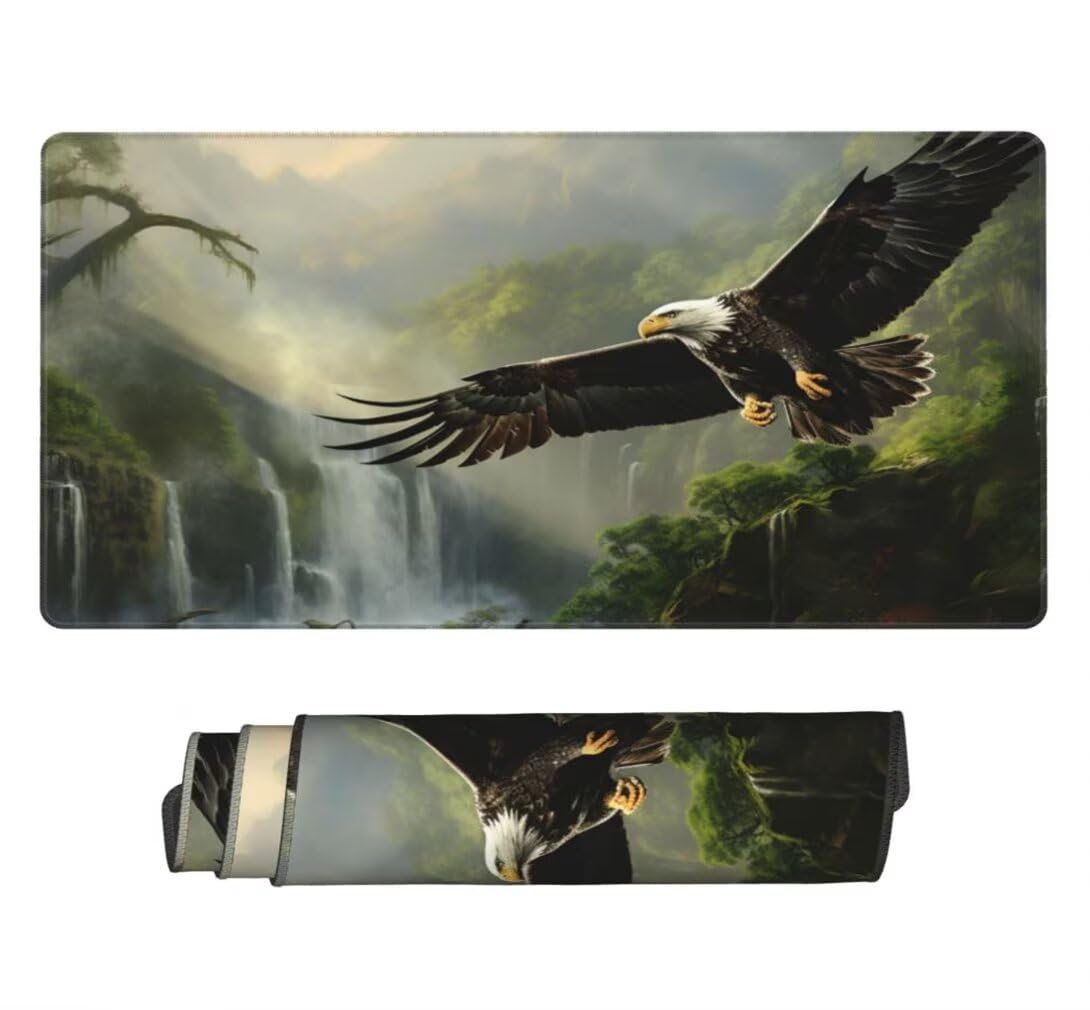 Gaming Mauspad XXL Adler, Großes Mousepad 900 x 400 x 3 mm, Mouse Pad Groß, Schreibtischunterlage Wasserfall Wald Wasserdicht, Genähte Kanten Mauspads, rutschfeste Gummibasis Maus Pad -MP1131