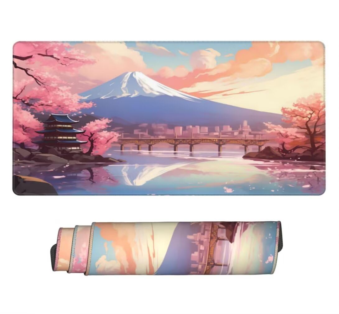 Mauspad XXL 1200x600mm, Japanische Kirschblüte Mousepad XXL Mauspad Gaming Berg Fuji Mouse Pad mit Genähten Kanten, Rutschfest Schreibtisch Unterlage Groß Desk Mat für Tastatur und Maus -MP1130