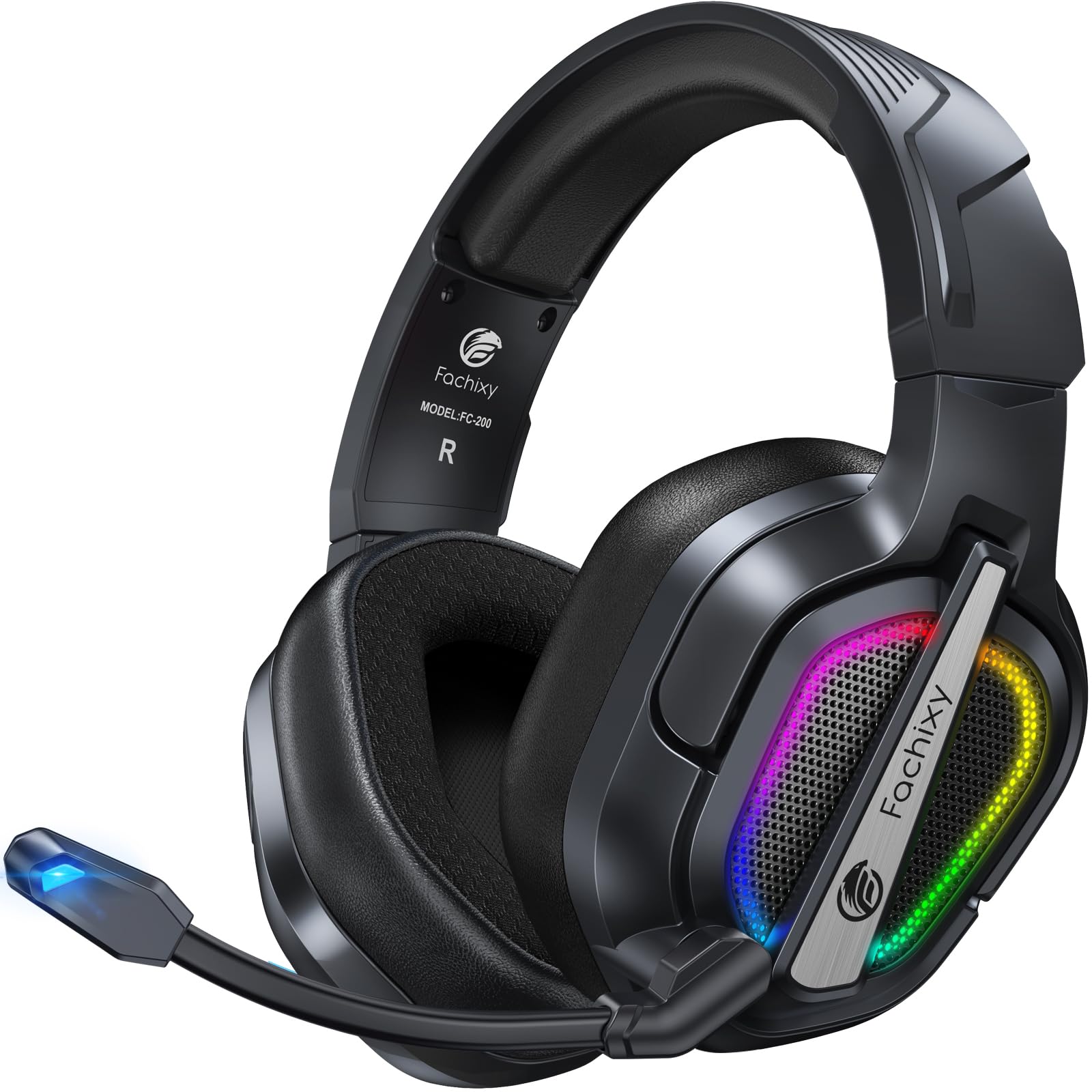 Fachixy Gaming Headset Wireless für PS4, PS5, PC, Mac, Laptop, Switch, 48H 2.4GHz Gaming Headset mit Noise Cancelling Mikrofon, Kabelloses Bluetooth kopfhörer mit LED-Lichtern, Surround Sound