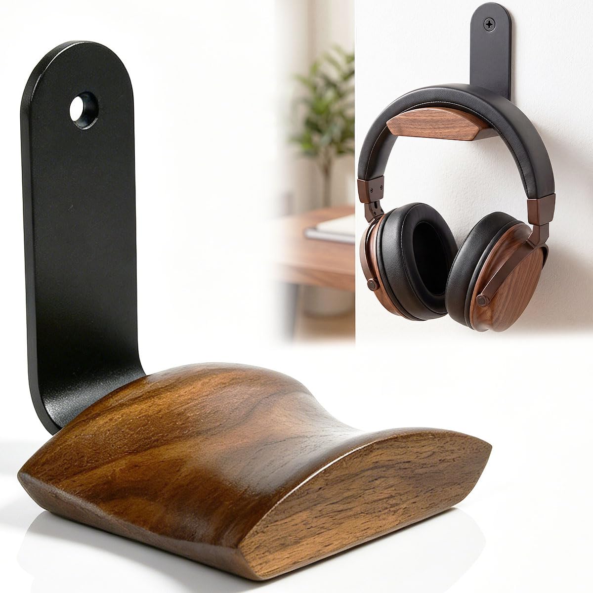 Kopfhörer Ständer Headset Halterung mit 6cm Breiter Kopfstütze Nussholz Aluminium Kopfhörerhalter Holz Headsethalter Stabil Headphone Stand für Over Ear & Gaming für Schreibtisch Vitrine