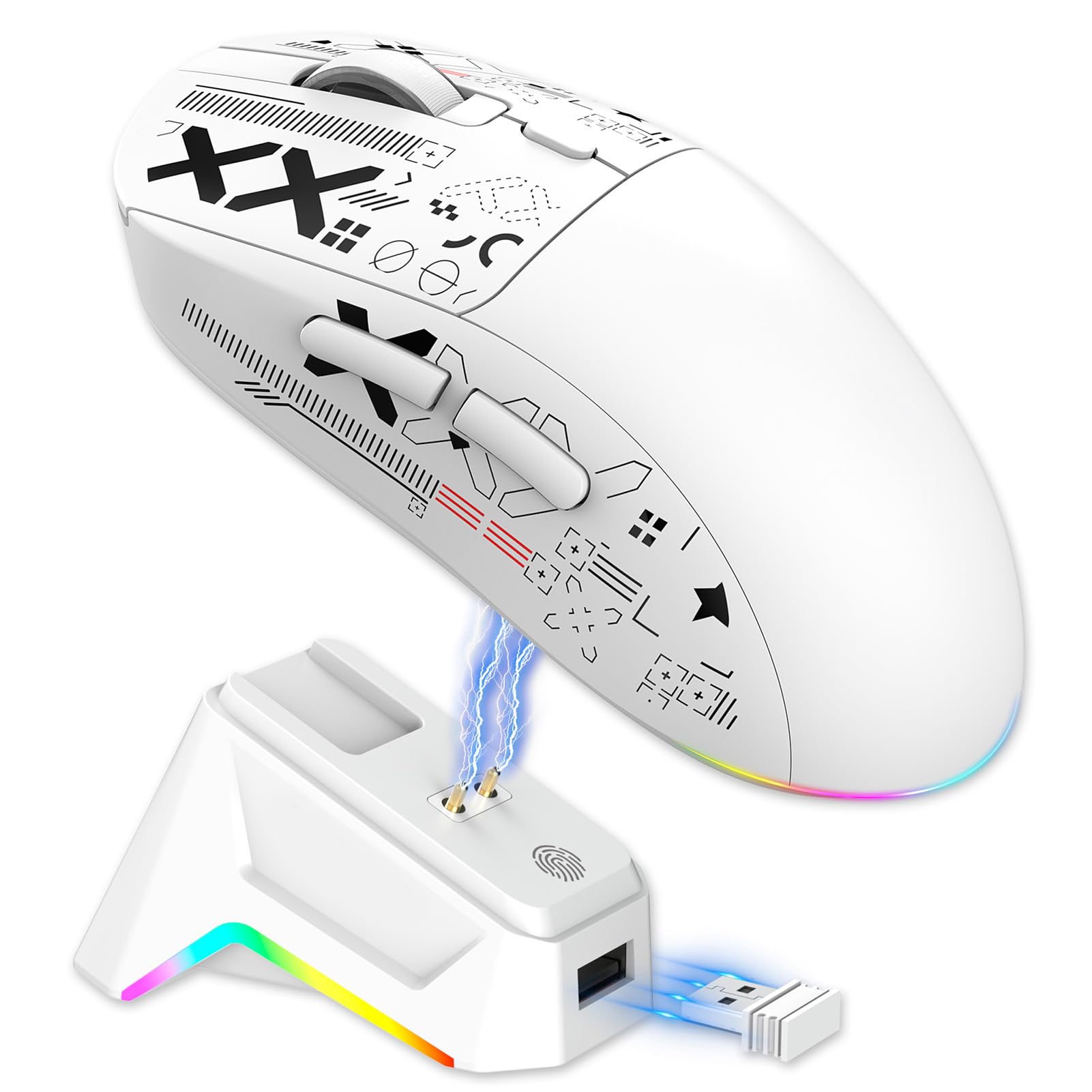 Annadue Gaming-Maus mit RGB-Ladestation, 2,4 GHz, USB-C-Kabel und Bluetooth 5.3 (3 Modi), 7 Programmierbare Tasten, Magnetische Ladestation, Optische Kabellose Gaming-Maus für PC und (White)