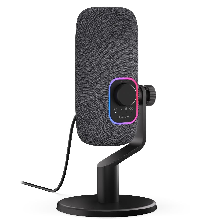 KRUX Empy, USB-Mikrofon, Kondensatormikrofon mit 4 Richtcharakteristiken (Niere, Kugel, Acht, Stereo), 24-Bit/96kHz, RGB-Beleuchtung, Touch-Mute, Gain-Regler, Stoff-Design, Schwarz