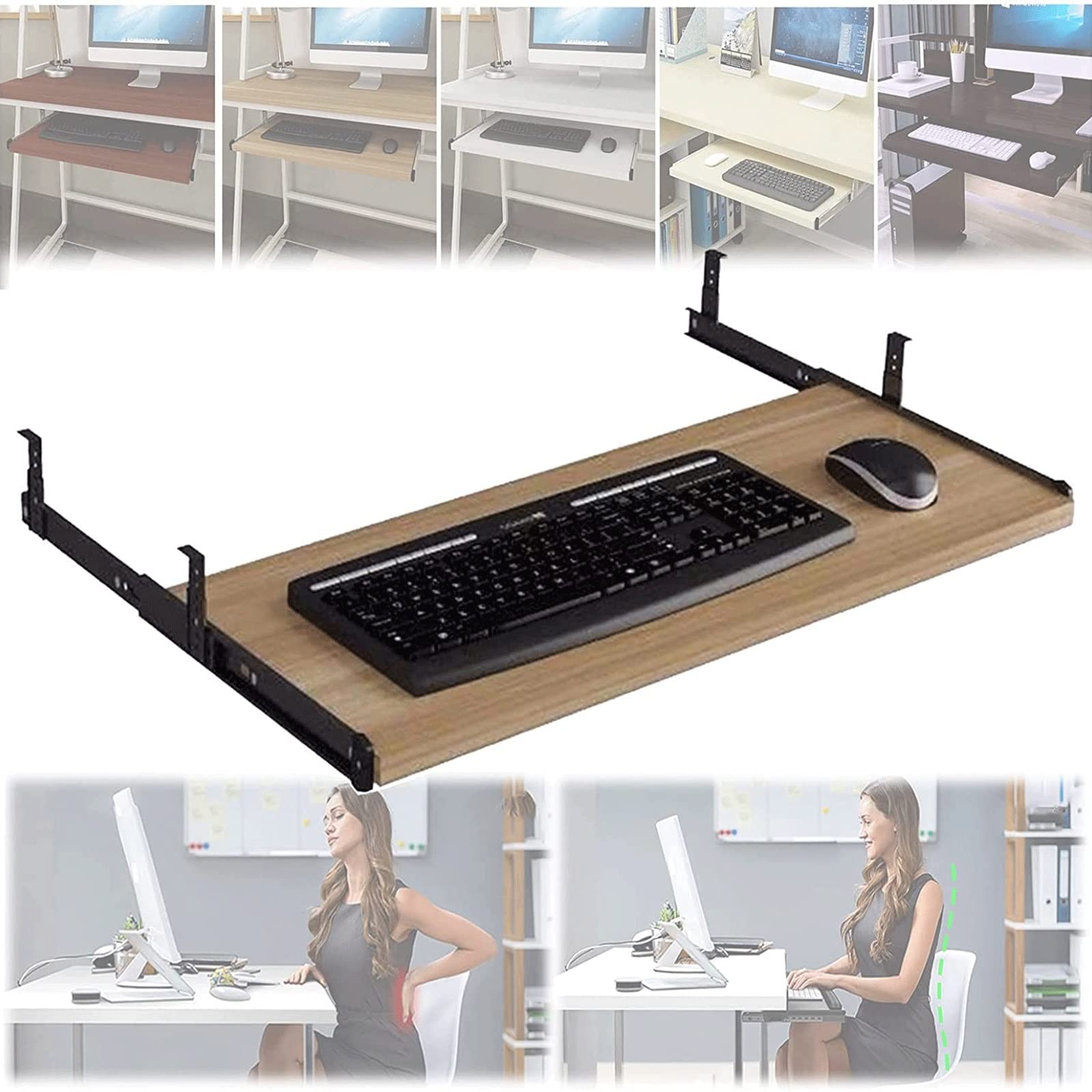 Verstellbare Tastaturablage unter dem Schreibtisch, Holz-Tastaturständer mit Maus, platzsparend, Schwarz, 54 x 27 cm, perfekt für Heimbüro und Gaming-Setup