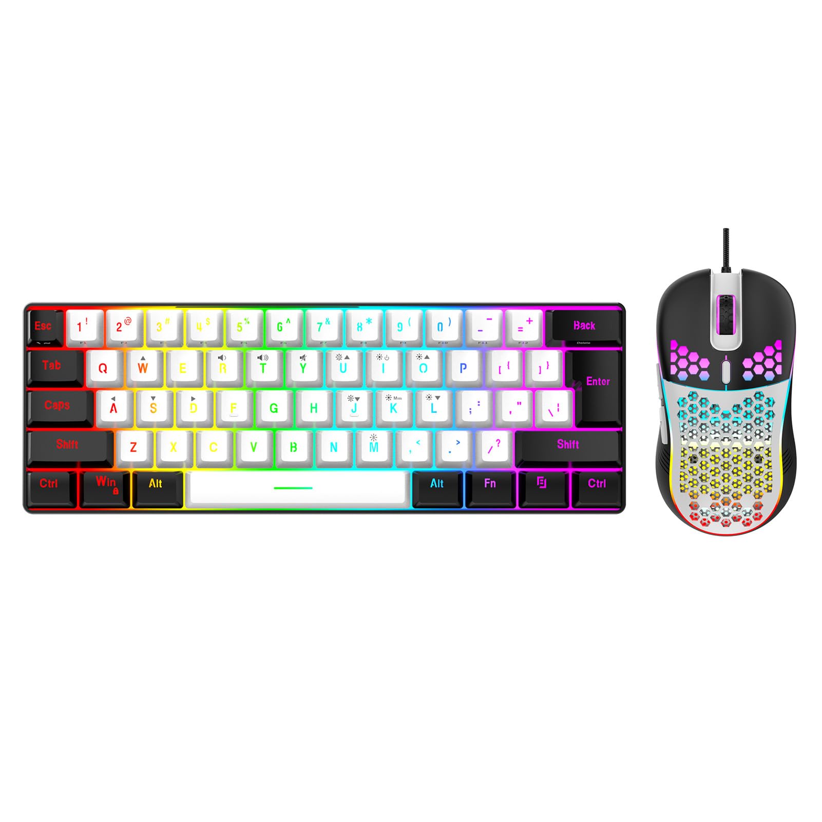 Fabater 60% Gaming-Tastatur und Maus-Kombination, Ultrakompakte 61-Tasten-Minitastatur mit RGB-Hintergrundbeleuchtung, Kabelgebundenes Beleuchtetes Gaming für PC-Spiele (Weißer schwarzer Rahmen in