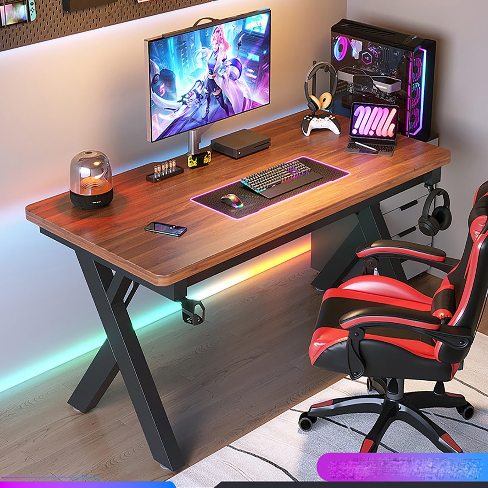 Gaming-Schreibtisch mit Karbonfaser-Oberseite, Metallbeinen, Getränkehalter, Headset-Rack, Heimbüro, perfekt für Gaming, Produktivi, Holz