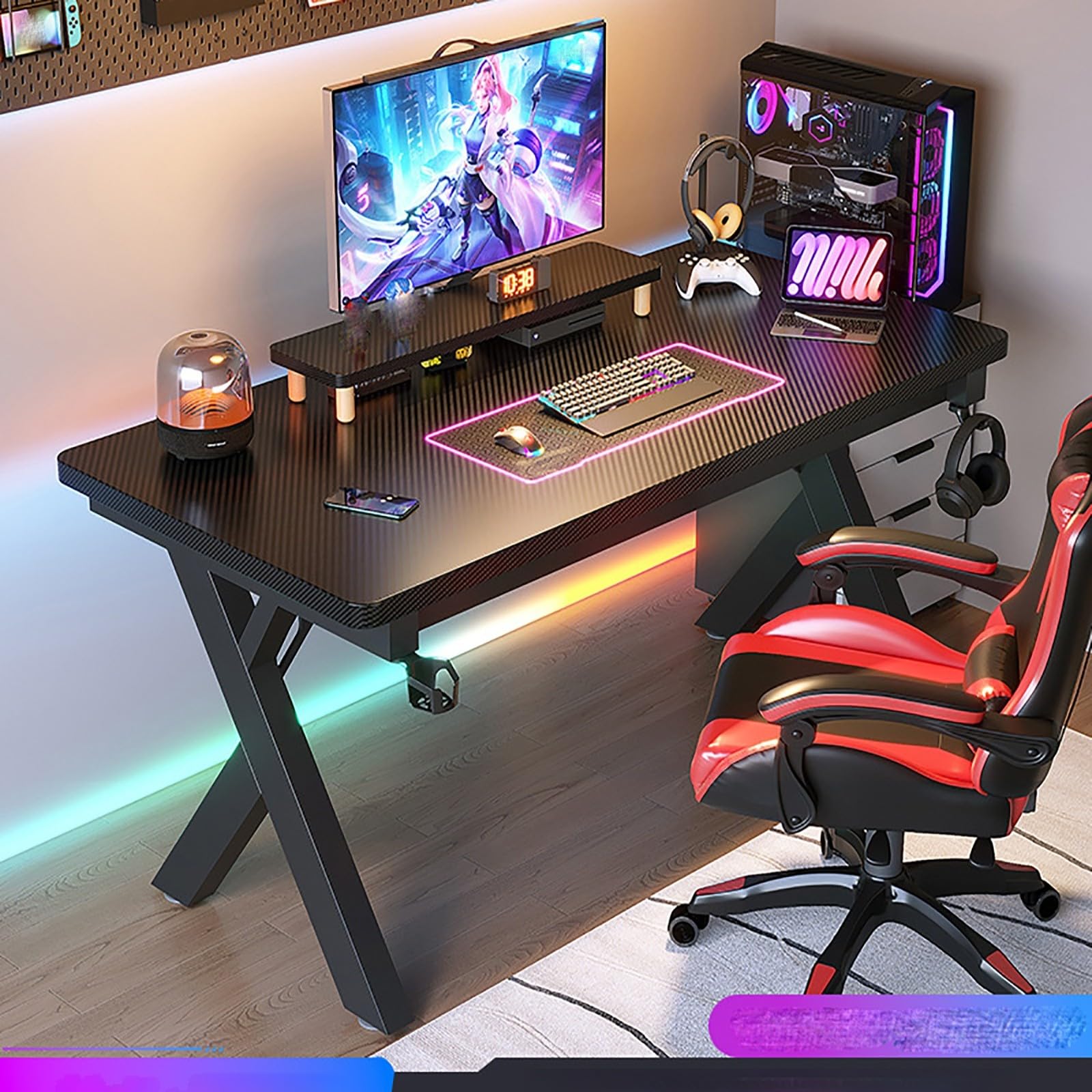 Gaming-Schreibtisch mit Karbonfaser-Oberseite, Metallbeinen, Getränkehalter, Headset-Haken, perfekt für Heimbüro, Remote-Arbeit
