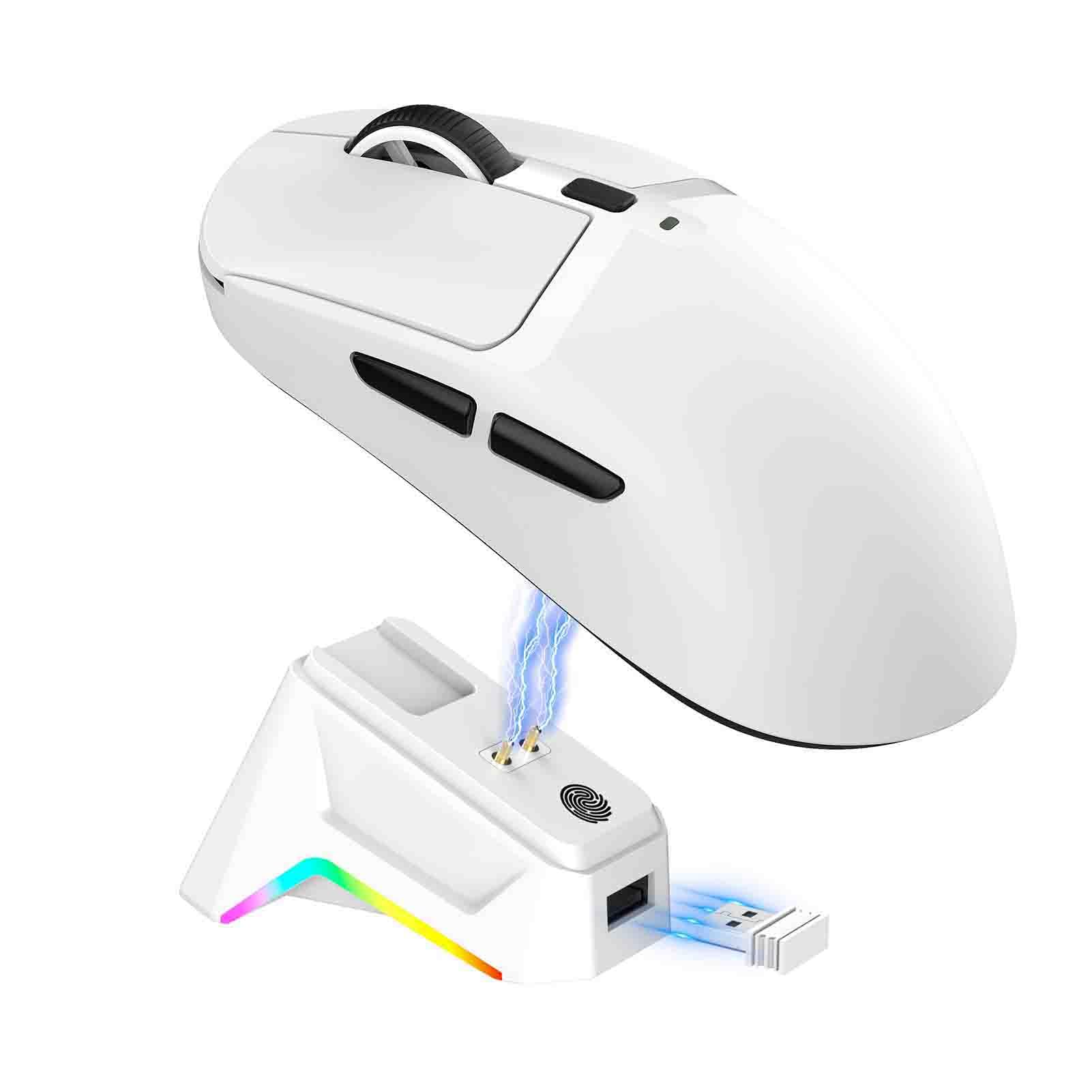 Jectse Leichte Gaming-Maus, 3 Modi, Kabelgebunden, 2,4 G BT5.3, Ergonomische Maus, 12000 DPI, 1000 Hz Abfragerate, 6 Programmierbare Tasten, mit Magnetischer Ladestation, für PC-Laptop (White)